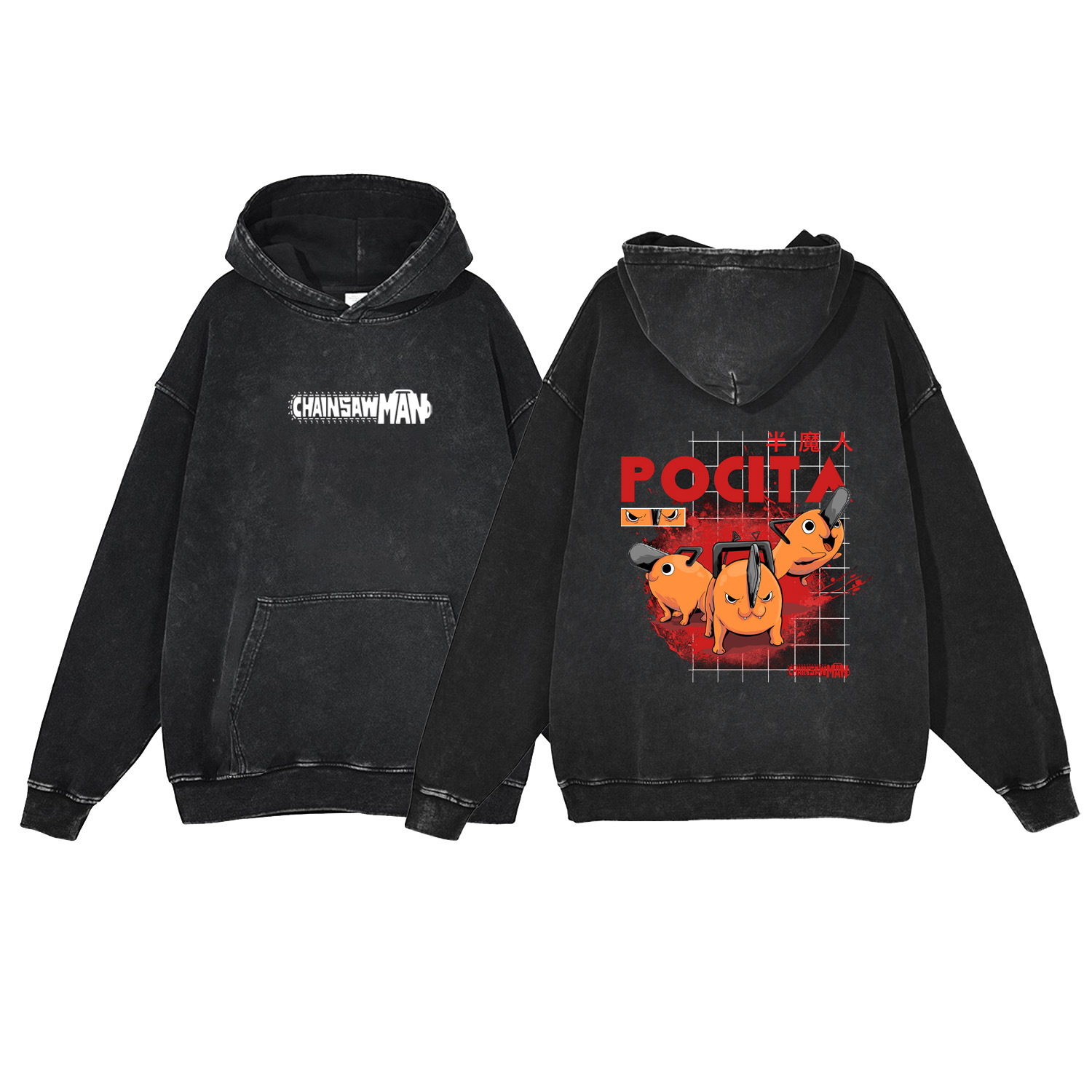 Washed Denim Look Chainsaw Man Cartoon Cotton Sweatshirt with Hood - VT1554