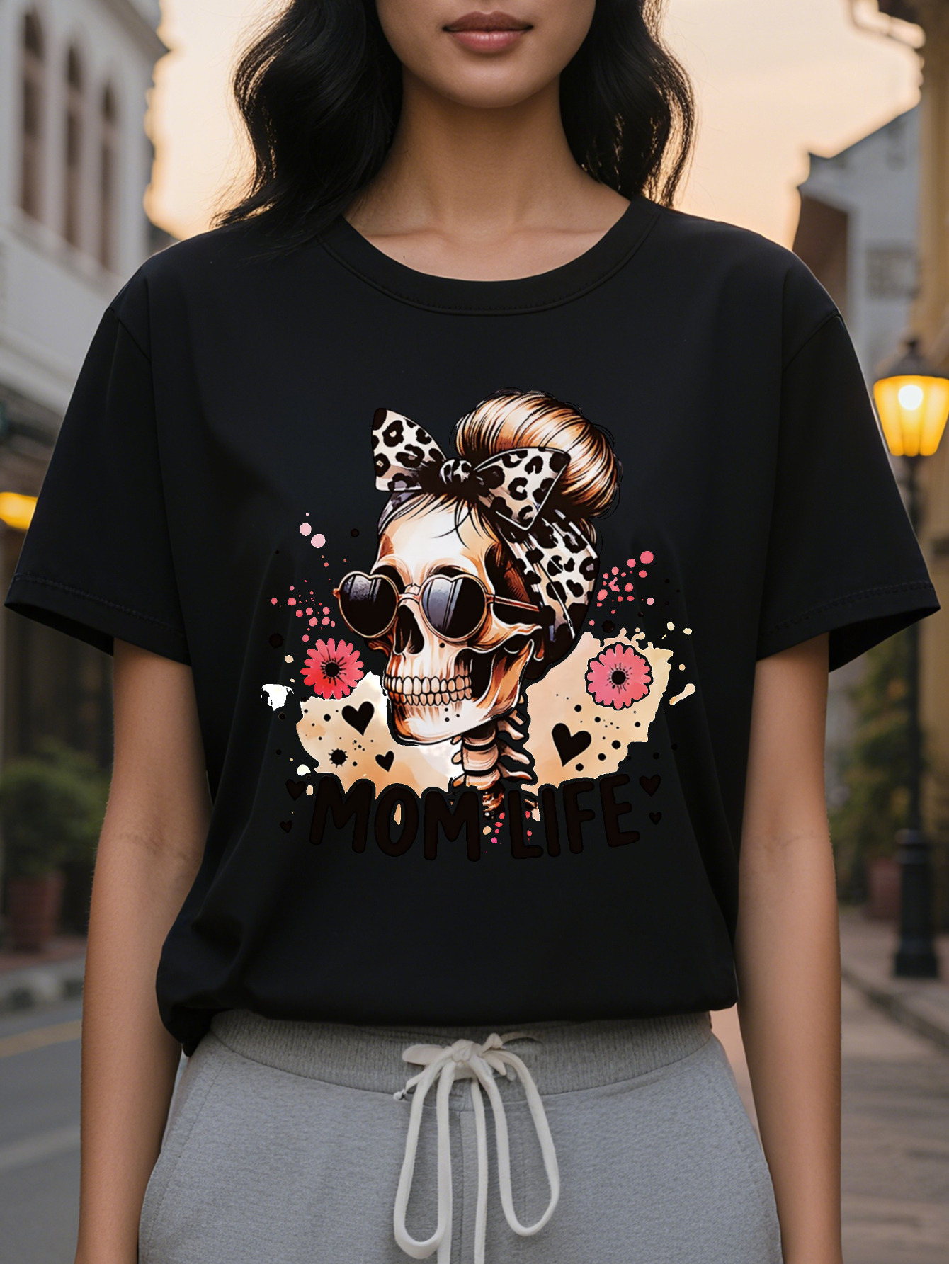 Women's Halloween T-shirt Fashion Glasses Skull Leopard Bow Flower Printing MOM LIFE Text Casual Short Sleeve Crew