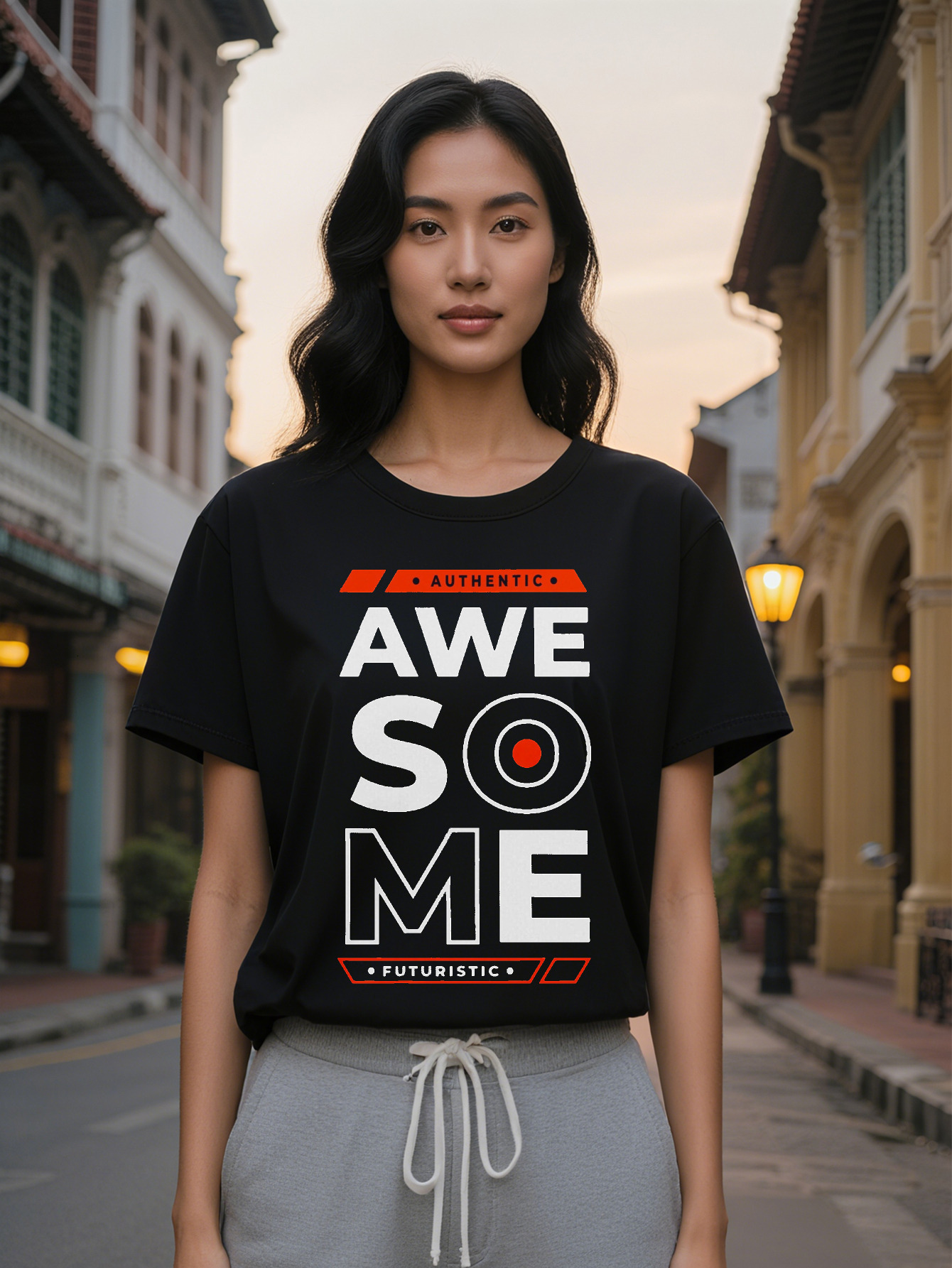 Lady Casual Graphic T Shirt Red Rectangular Frame Authentic Print Black Round Neck Summer Tee High Washable Regular