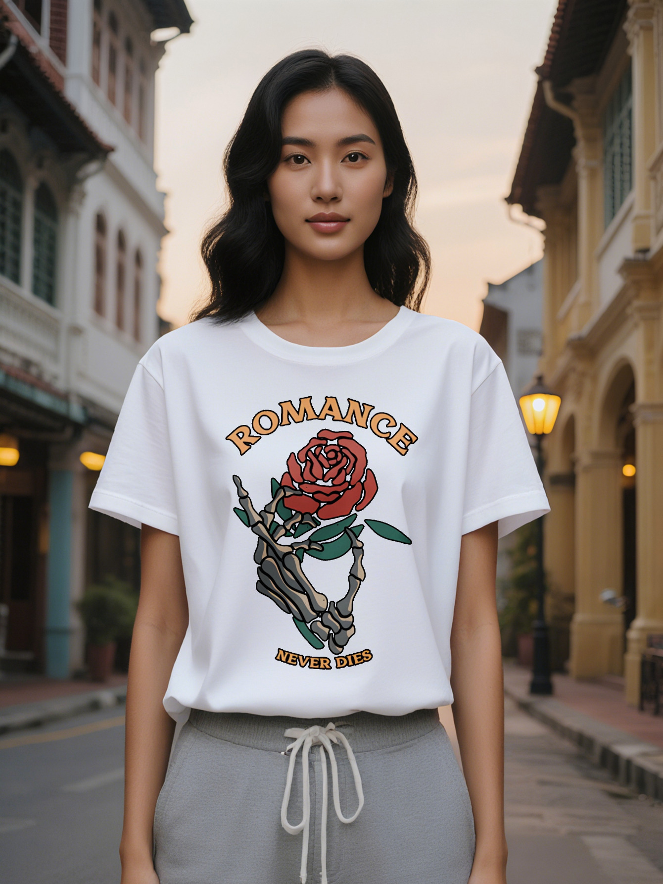 Large XL Lady Casual Graphic T-Shirt Black with Red Rose Skeleton Hands Romance Never Dies Print Round Neck Summer Tee Plus Size