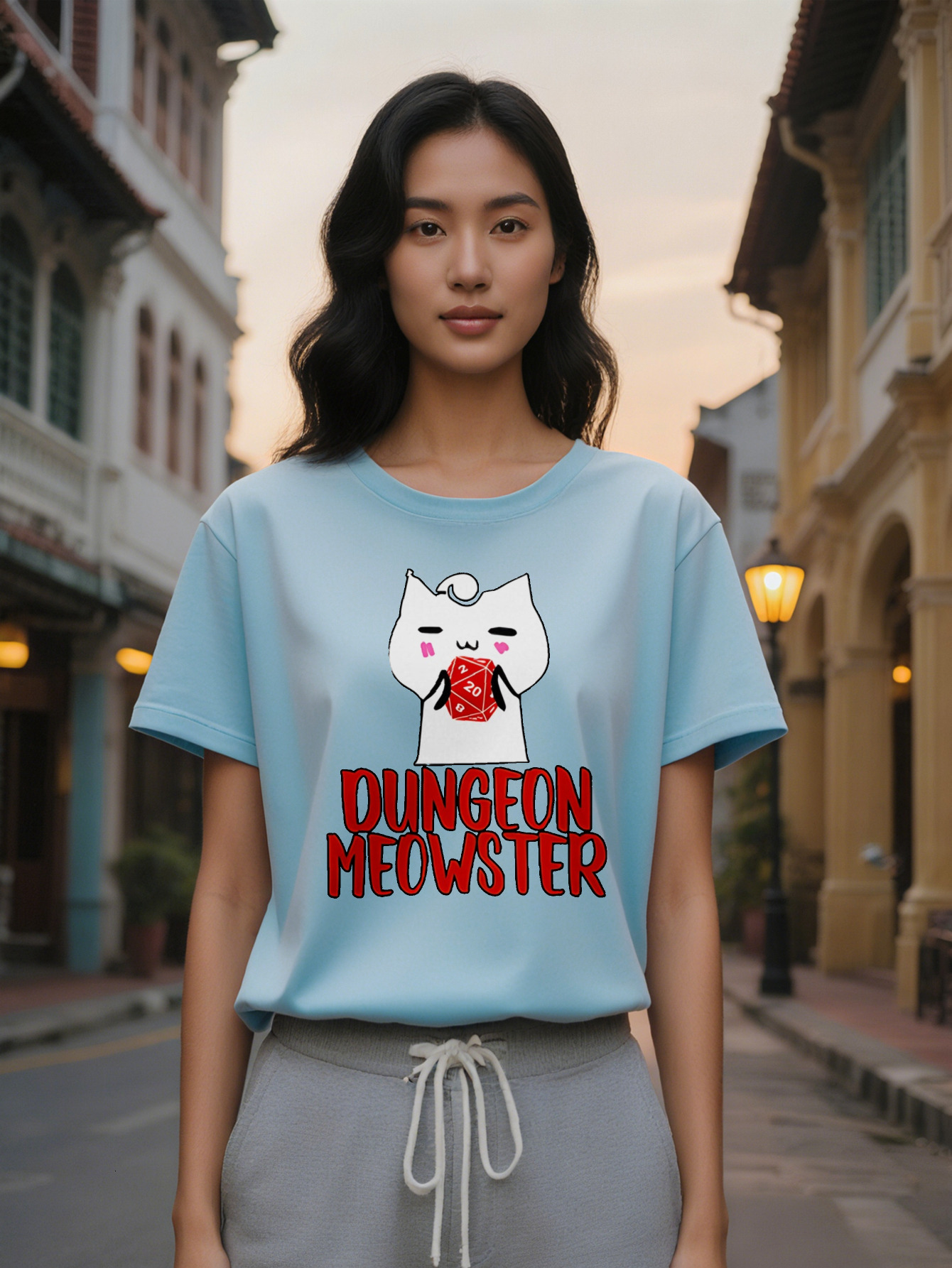 Lady Casual Graphic T-Shirt Black Round Neck Tee with White Cartoon Red Dice Print D Inspired Dungeon Meowster