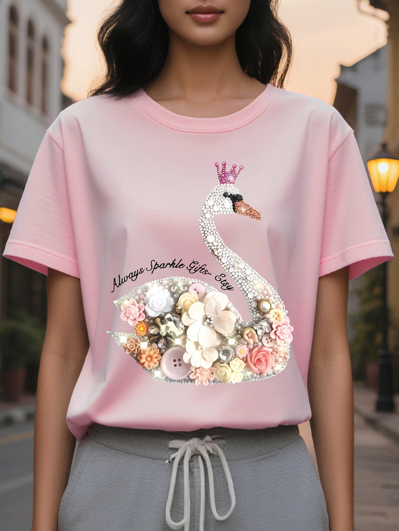 Women S White T Shirt with Sparkling Swans Floral Print Short Sleeve Round Neck Casual Top Soft Cotton