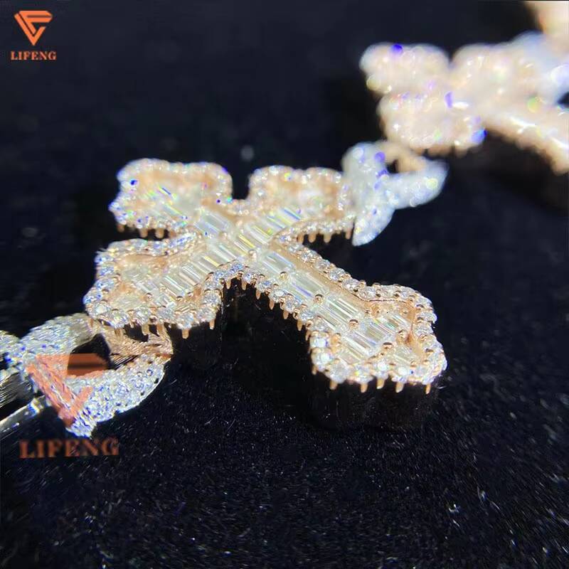 Custom Cross Baguette Cut Bracelets D VVS1 Moissanite 925 Silver Excellent Cut Hip Hop Style Men Two Tone Diamond Pearl