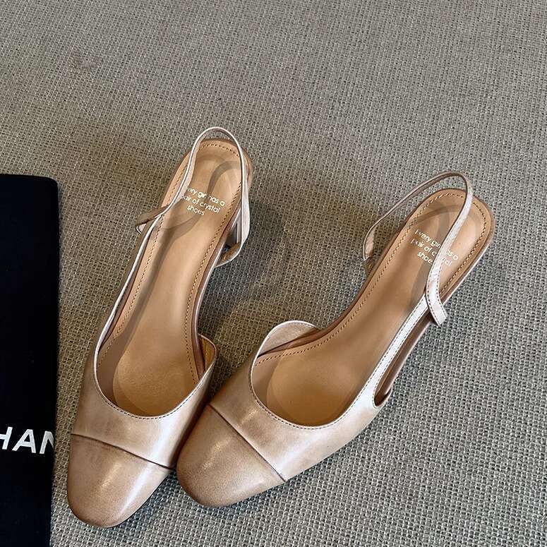 Designer Shoe Backless One-Strap Closed-Toe Sandals for Women, Genuine Leather, Odor-Free, Thick Heel Slippers, Round Toe, Slimming, Commuter Single S