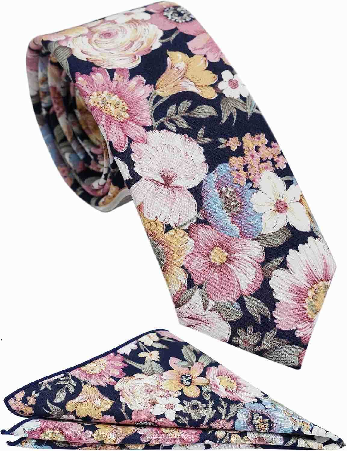 Mens Casual Skinny Floral Tie Combo Set with Flower Pocket Square 2 Cotton Necktie Hand MadeW250904