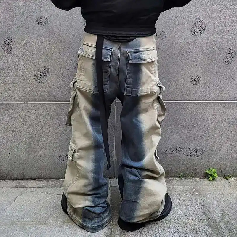PFNW High Street Washed Vintage Gradient Multi Pocket Jeans Mens Streetwear Drawstring Wide Leg Pants Spring Trendy 28W4702 250823Z