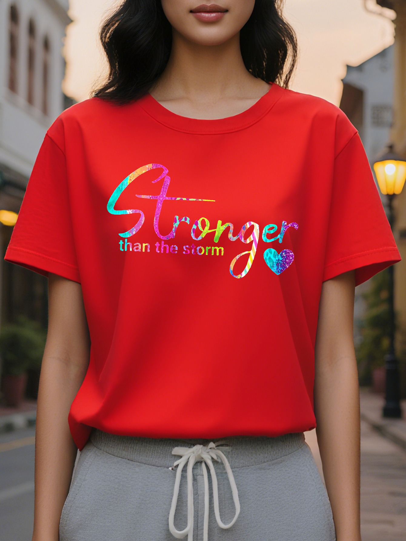 Large XL Women Stronger Than The Storm Graphic T-Shirt Vibrant Colorful Lettering Heart Design Casual Short Sleeve Crew Plus Size