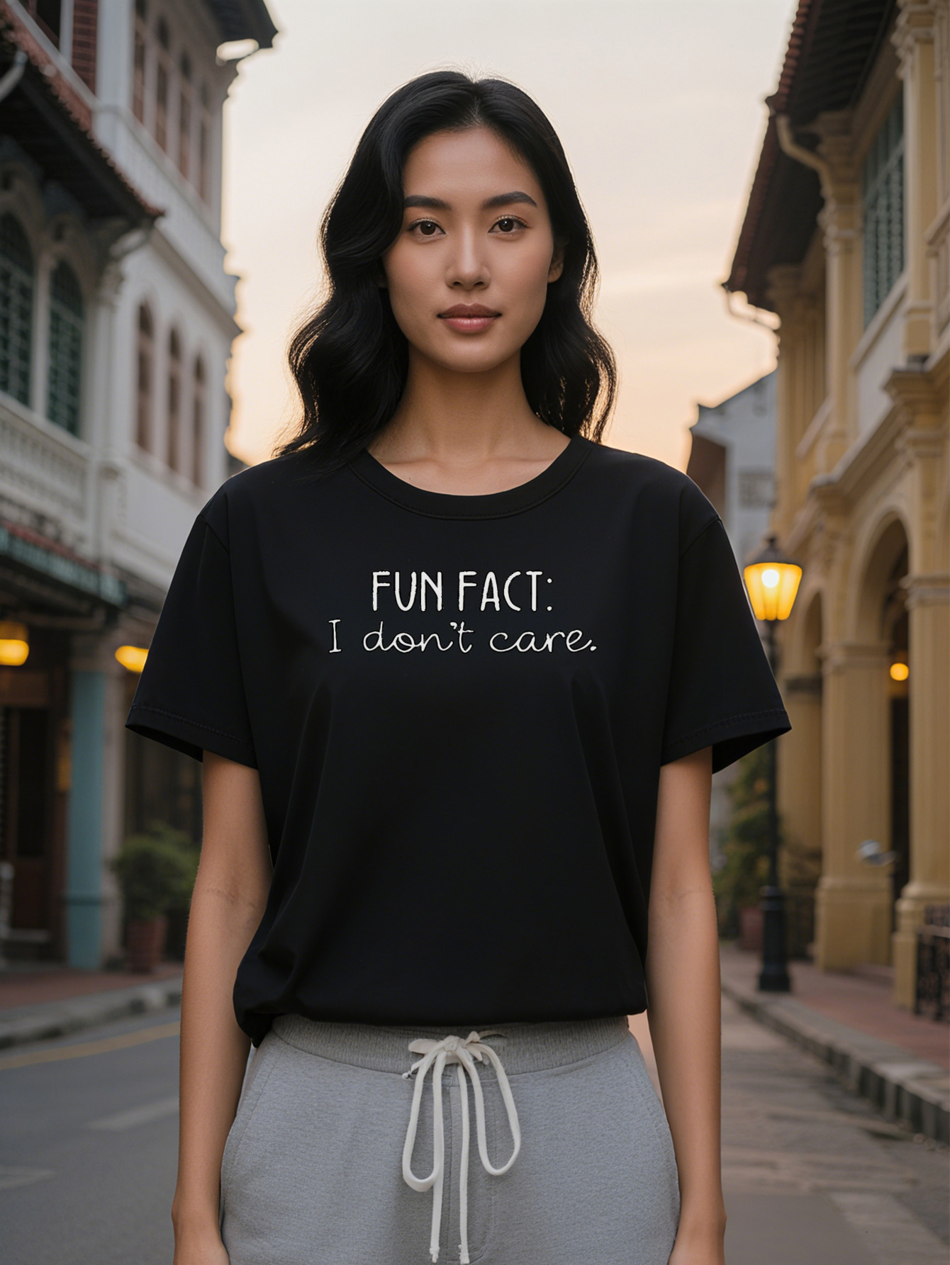 Large XL Fun Fact I Don't Care Lady Crew Neck T-Shirt Black Graphic Tee with White Text Summer Essential for Casual Attire Plus Size
