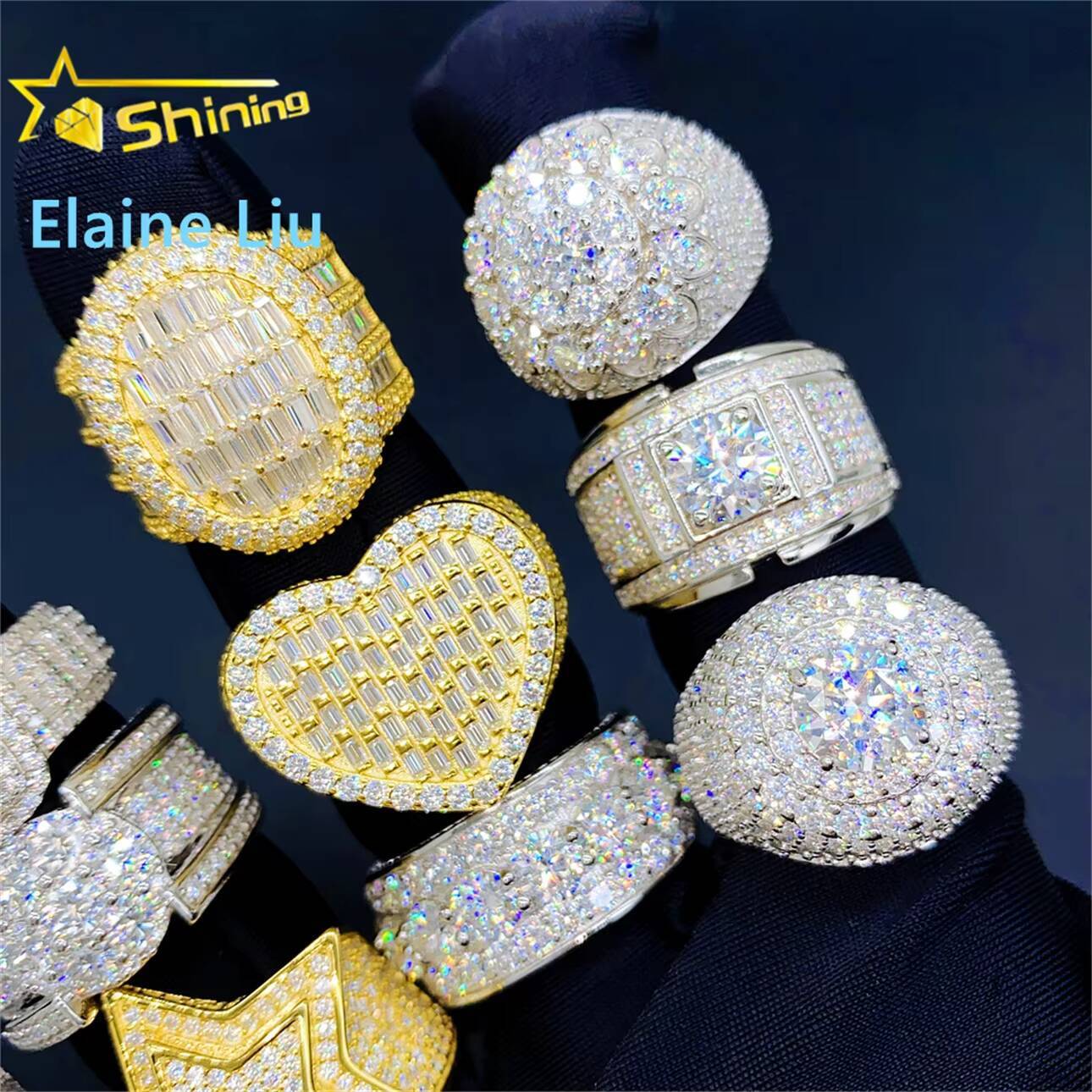 Fine Jewelry 925 Sterling Silver Ice Out Men Rings Heart Shape VVS Moissanite Diamond Hip Hop Ring