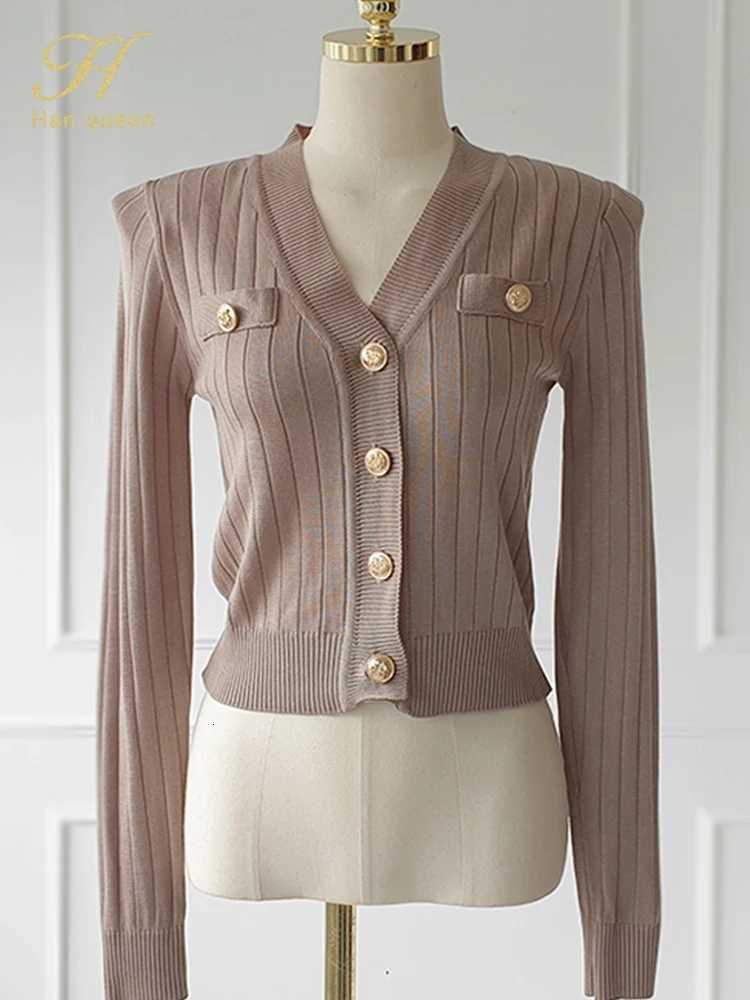 H Han Queen Korean Chic VNeck Knitted Cardigan Sweater For Women Casual Basic Long Sleeve Cardigans Autumn Vintage Sweaters Top M250904