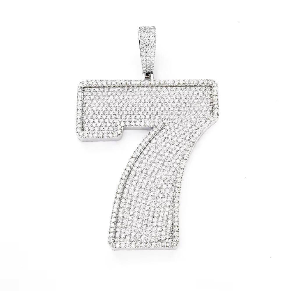 Custom Full Pave Iced Out Moissanite 925Silver White Gold Plated Big Number 7 Pendant Heavy Cuban Chain Necklace for Trendsetter