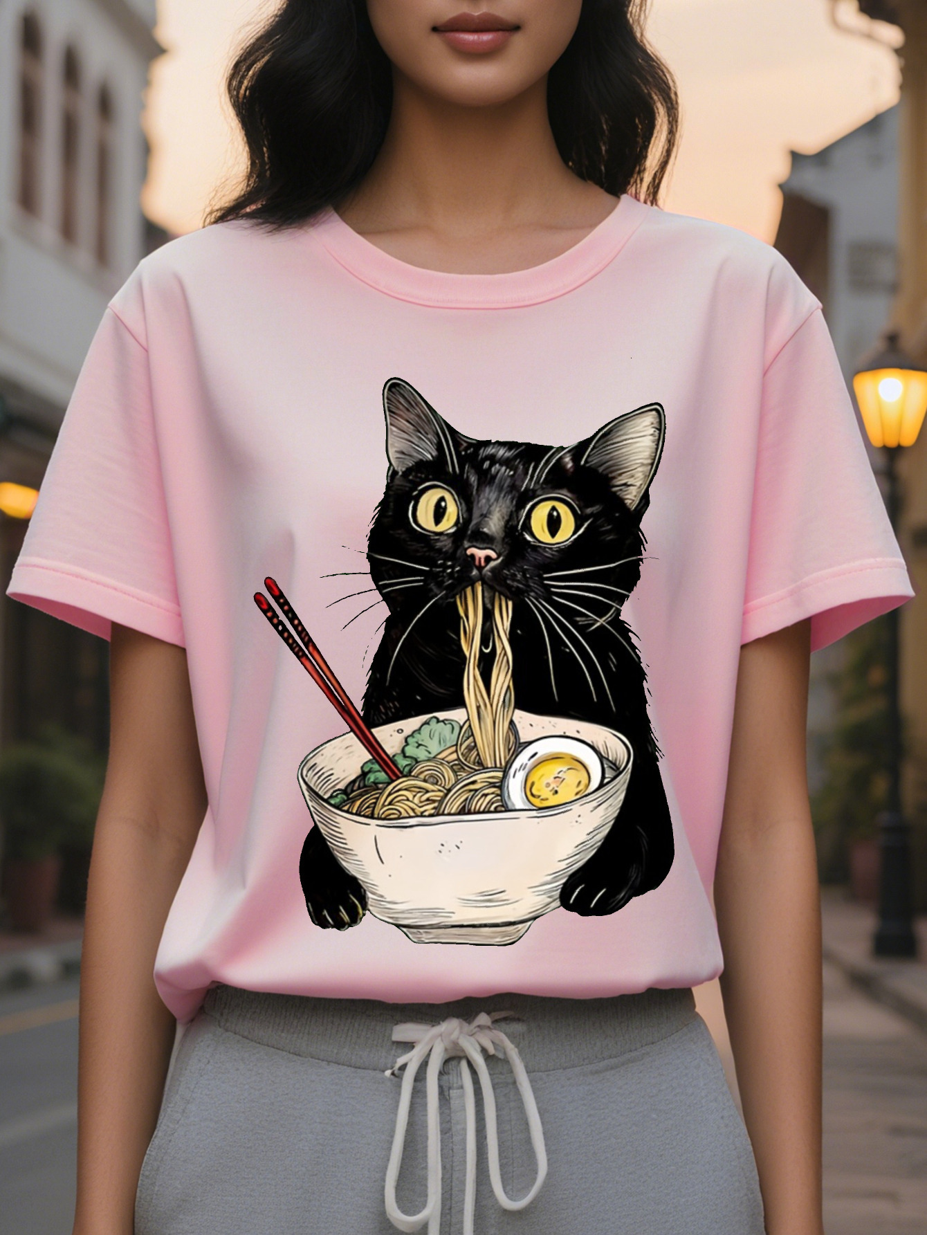 Large XL Women's Casual Sleeveless with Playful Black Cat Eating Noodles Cartoon Print Light Green Round Neck Summer Top Plus Size