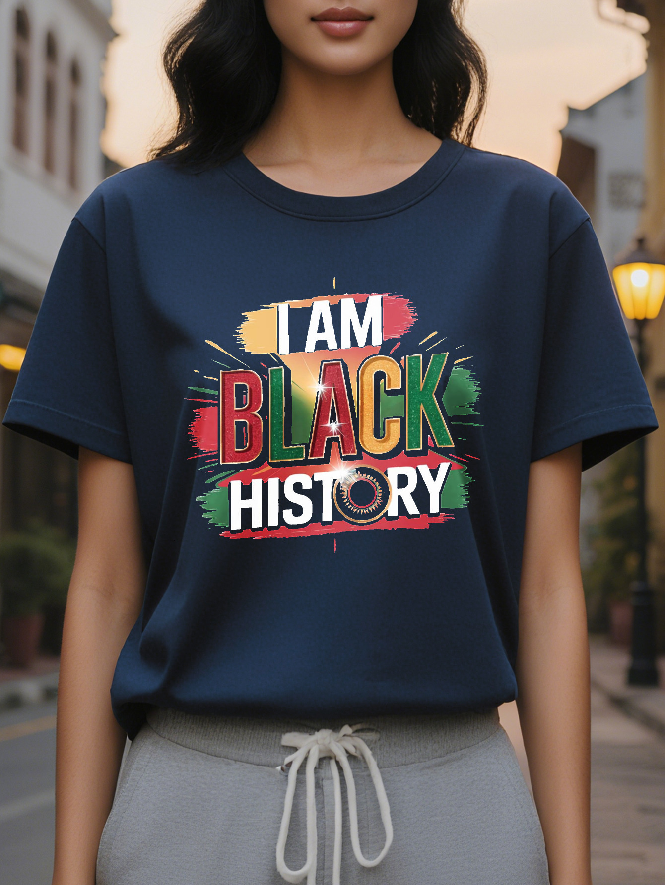 Women's T-shirt I Am Black History design short sleeve round neck casual top for spring summer bright and