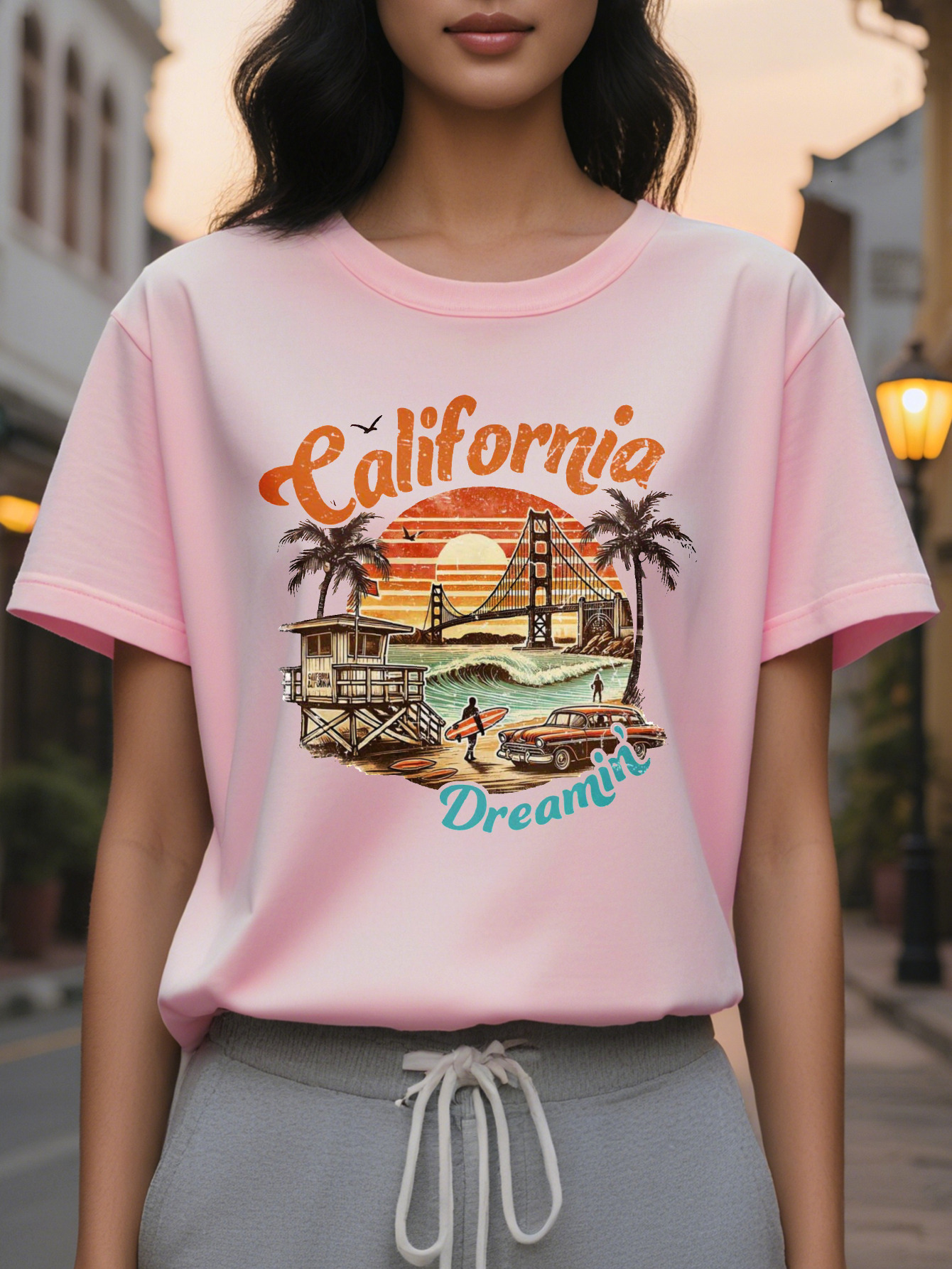 Women's California T-Shirt White Golden Gate Bridge Palm Trees and Vintage Car Design Soft Everyday Summer Top for