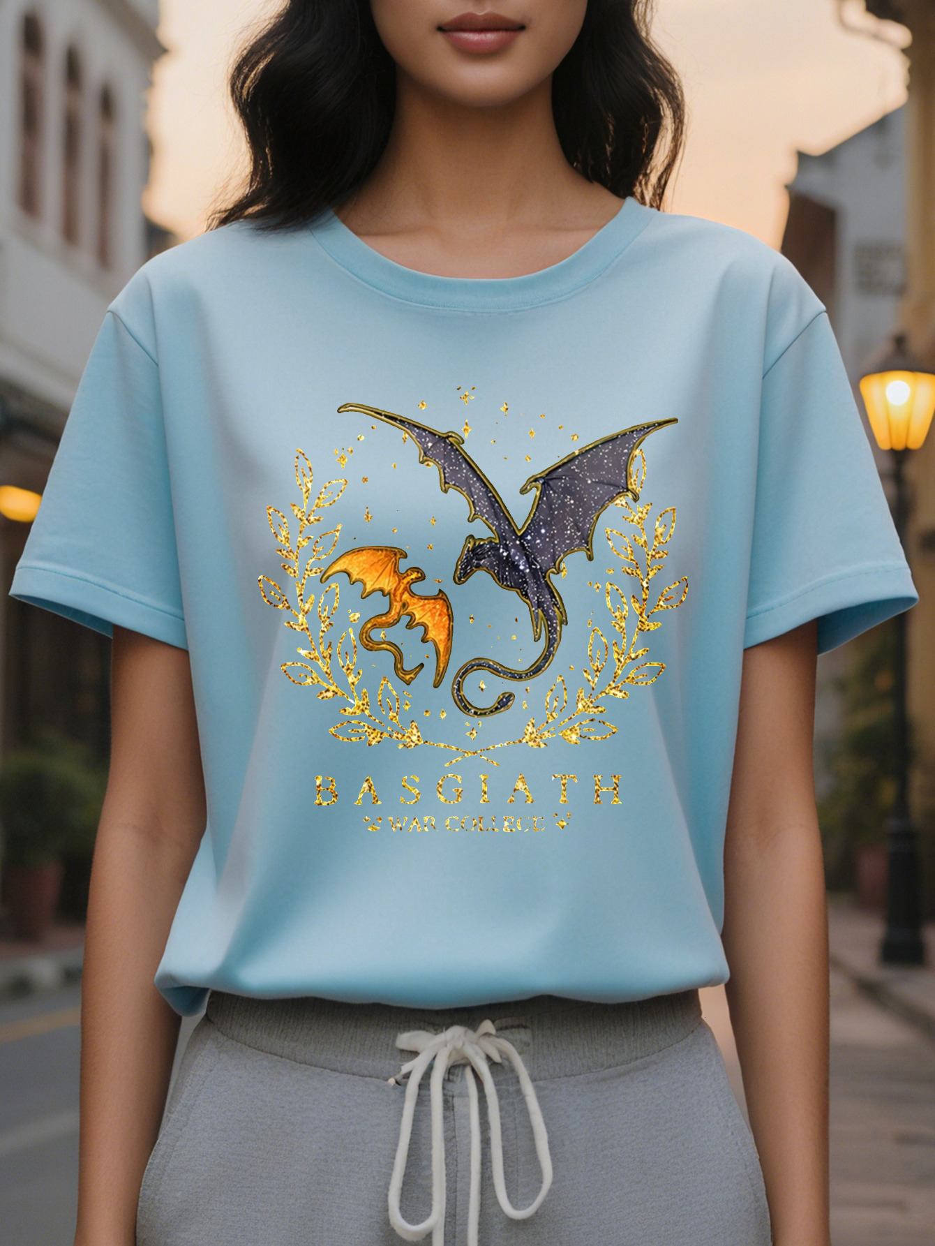 Basjiatt Women's Pattern Printed Short Sleeve T-Shirt Black Dragon Wings Design Spring and Summer Casual Round Neck