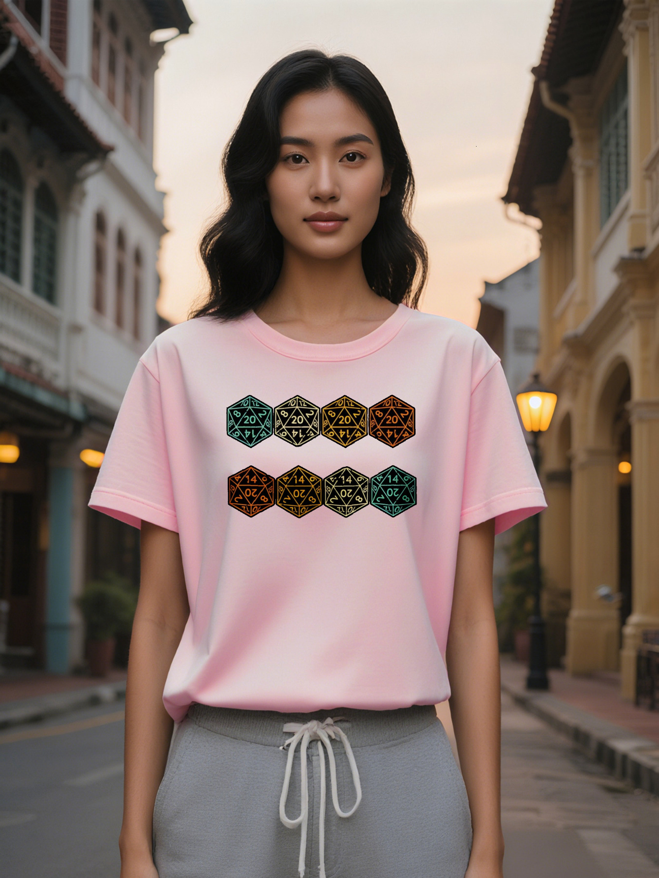 Lady Casual Graphic T Shirt with Side Die Print Black Gaming Inspired Design Round Neck Summer Tee, Washable