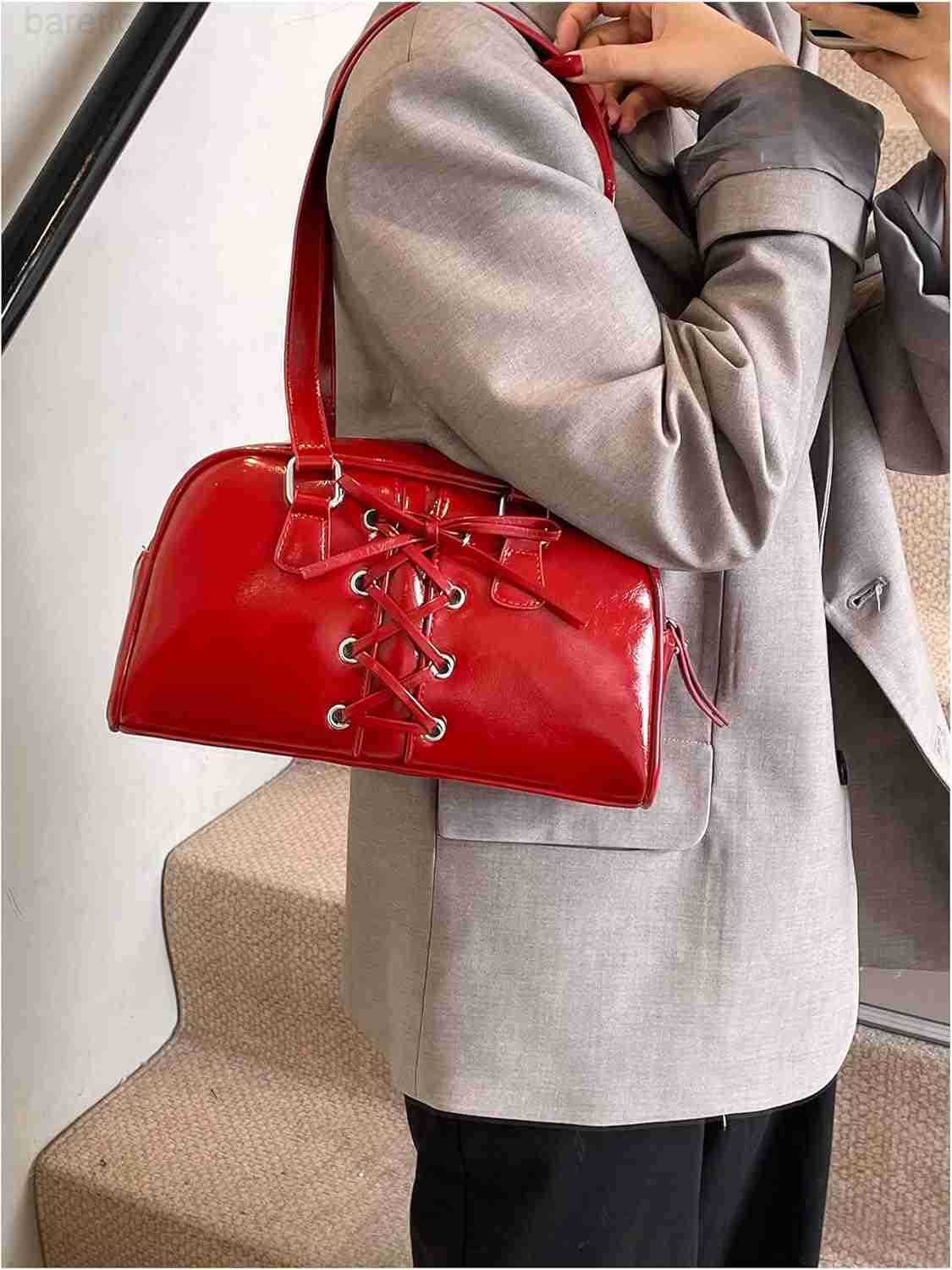 Womens Lace Up Zipper PU Leather Shoulder Bags Top Handle Boston Underarm Bags Y2K Purse M250904