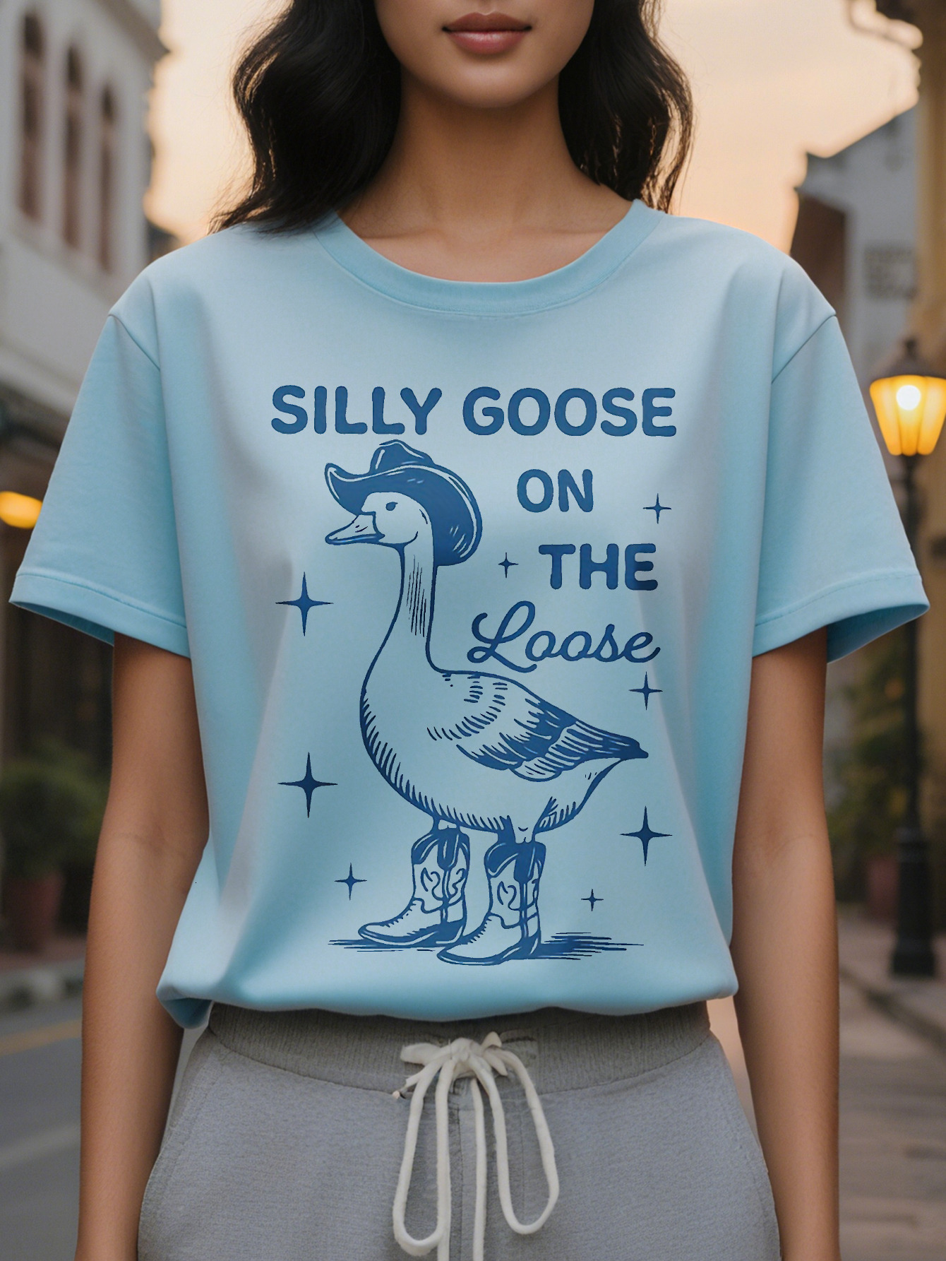 Goose Print Short Sleeve T-shirt Casual Crew Neck Top for Spring Summer Women's Clothing