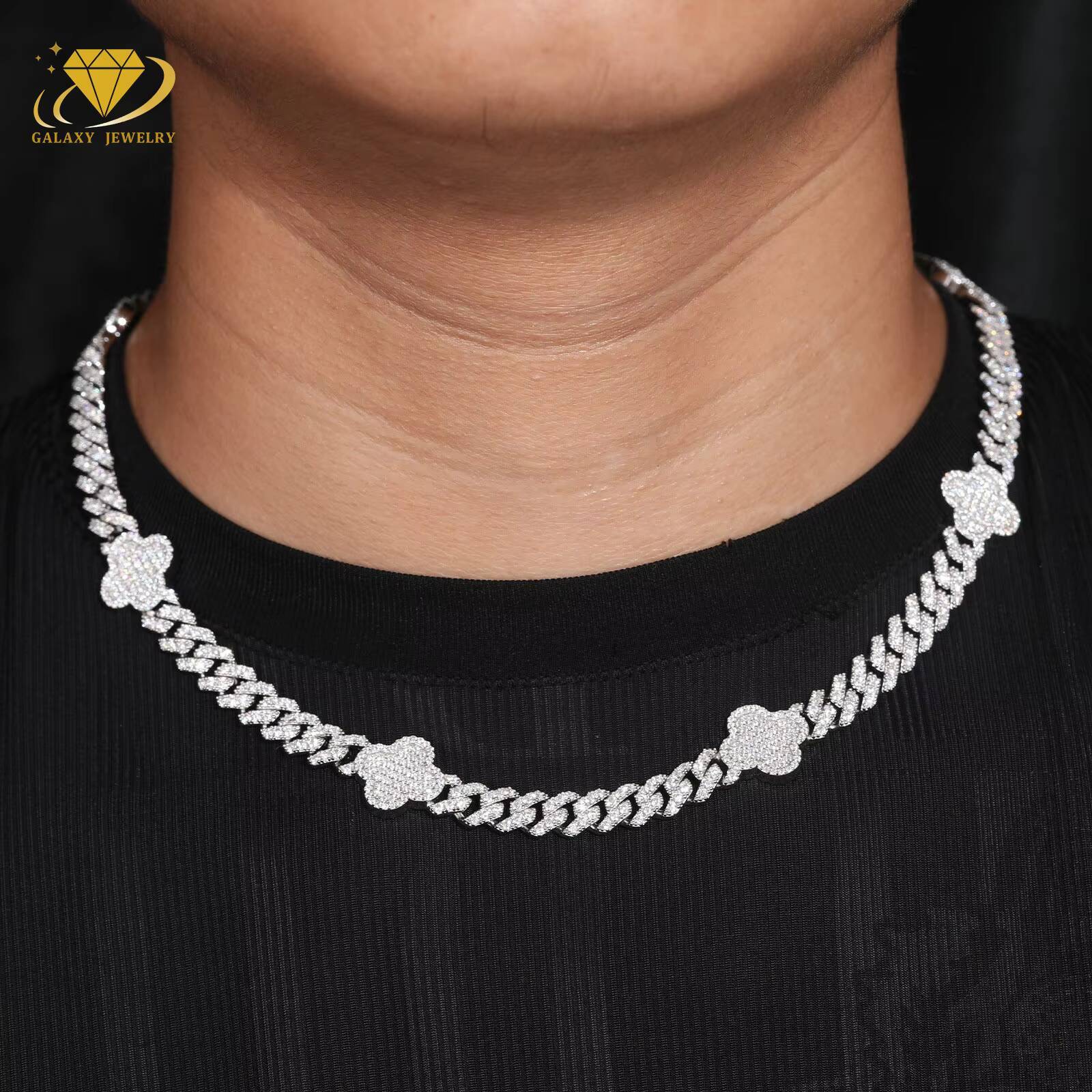 New Arrival Moissanite Chain 6MM Silver 925 Hip Hop Lucky Four Leaf Clover Moissanite Miami Cuban Link Chain Bracelet Necklace