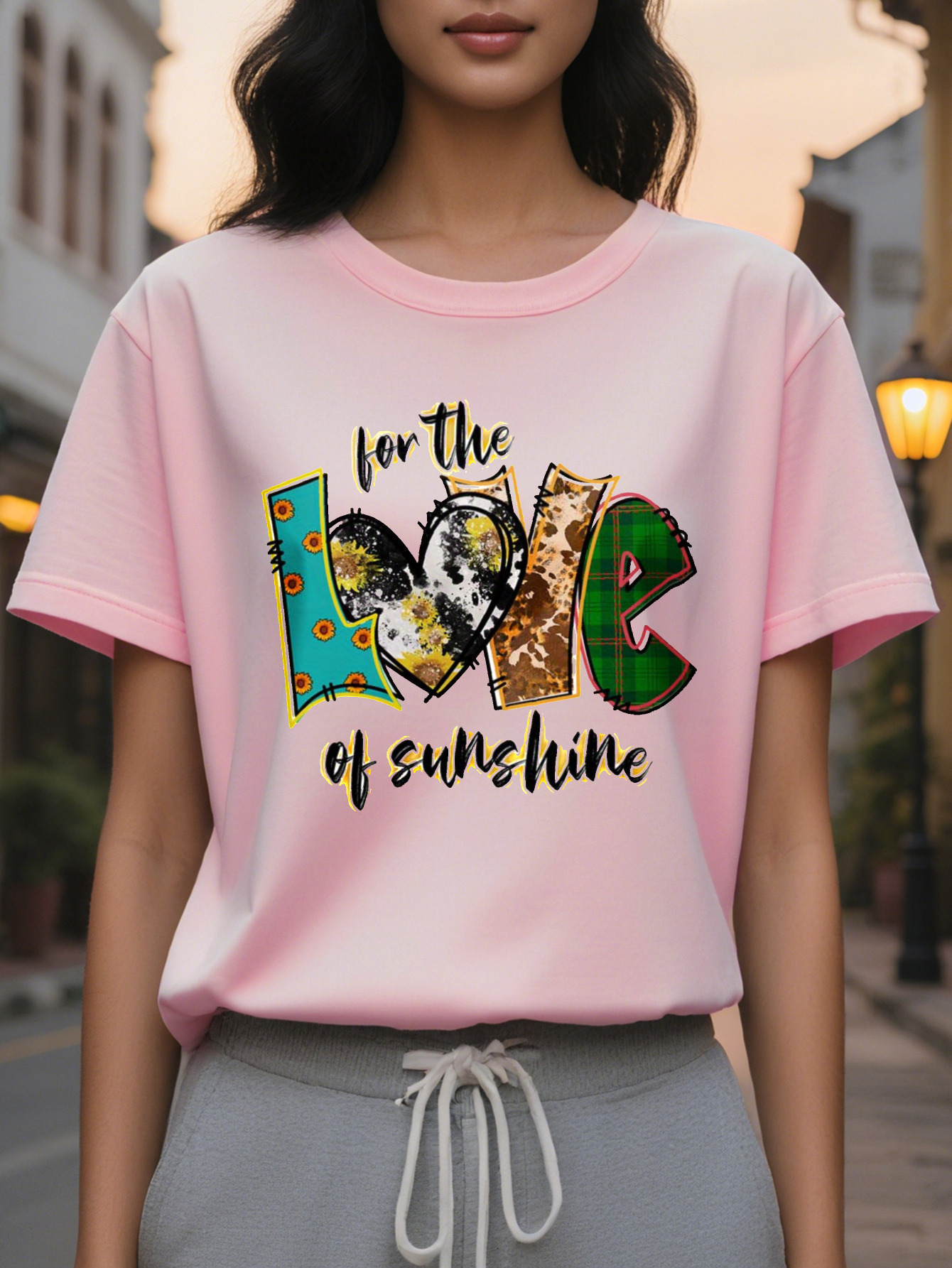 Women's White T-shirt Color for Love of the Sun Pattern Short Sleeves Round Neck Casual Summer Top Fun Design