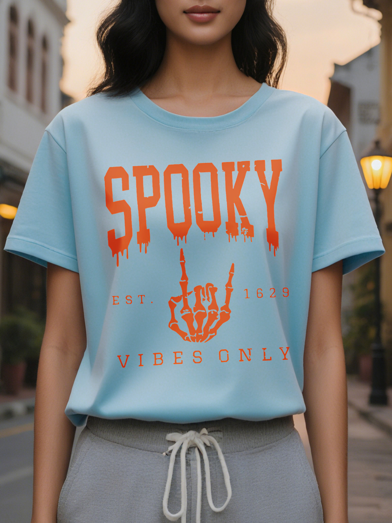 Large XL Women's Halloween Spooky Vibes Double Sided Printed T-Shirt Gothic Lettering Blood Drip Design Round Neck Short Plus Size