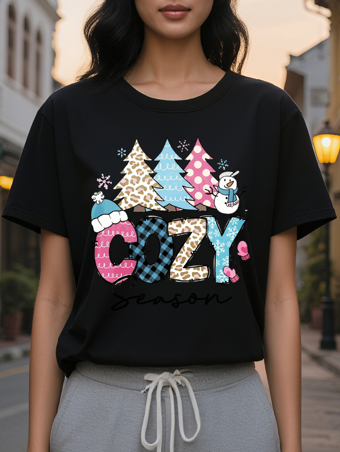 Large XL Women's Christmas Graphic Print Sweatshirt Cozy Season Design with Snowman Leopard Plaid Patterns Beige Casual Plus Size