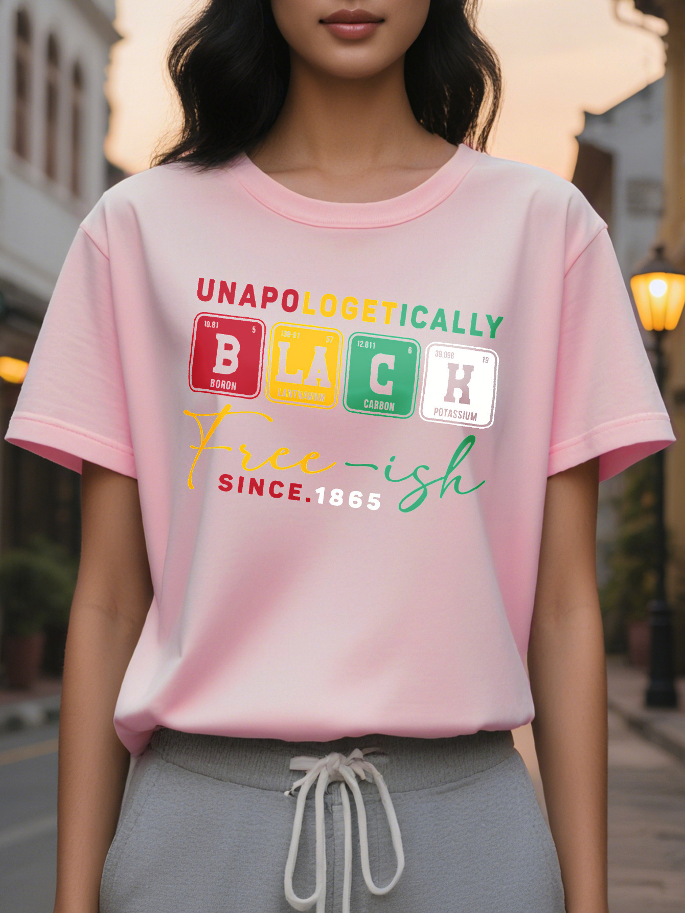 Large XL Women's Juneteenth Freedom Graphic T-Shirt Unapologetically Black Free ish Since Periodic Table Design Short Plus Size