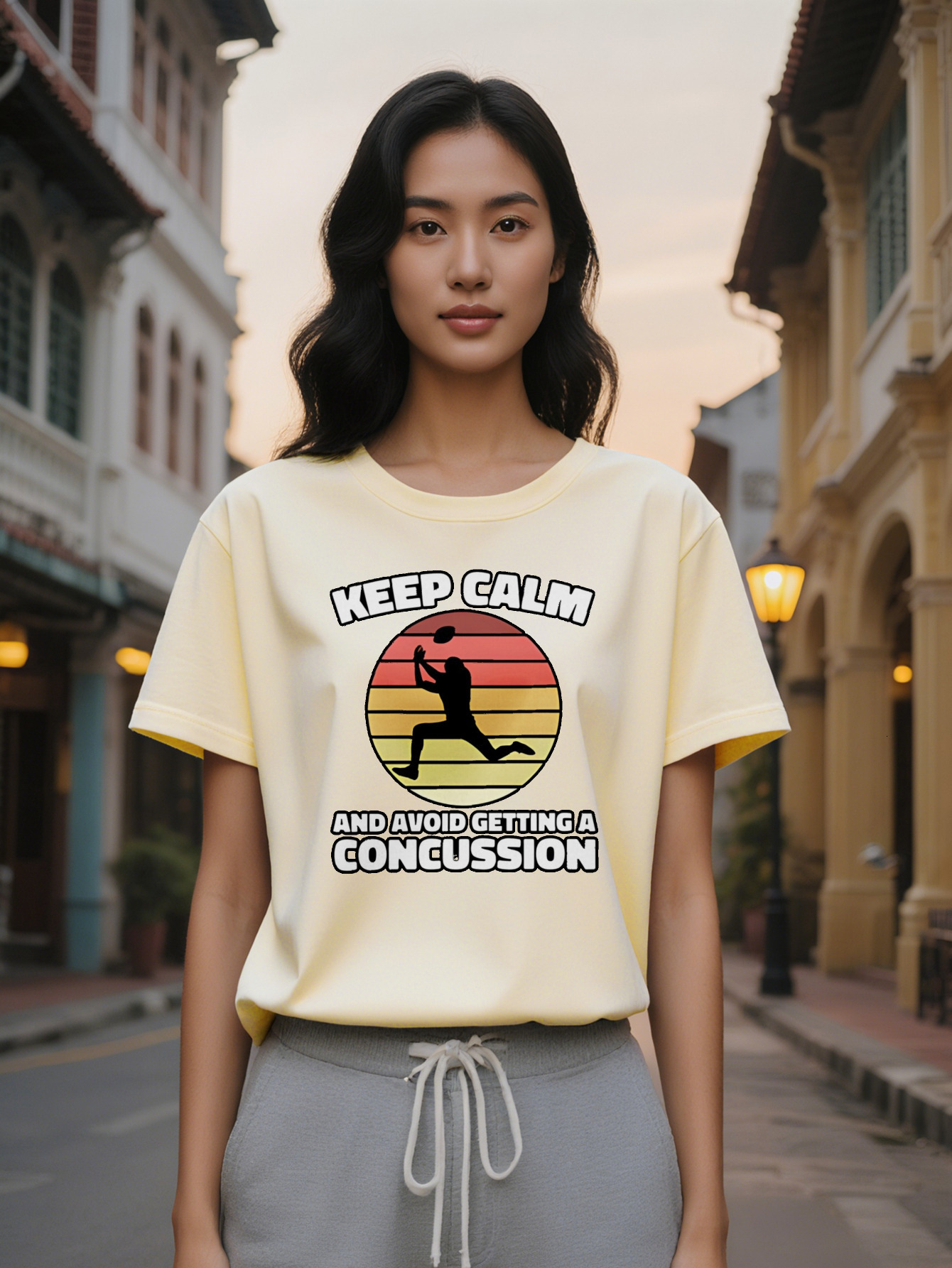 Large XL Lady Casual Crew Neck T-Shirt Keep Calm Avoid Concussion Graphic Print Black with Vibrant Color Block Breathable Plus Size