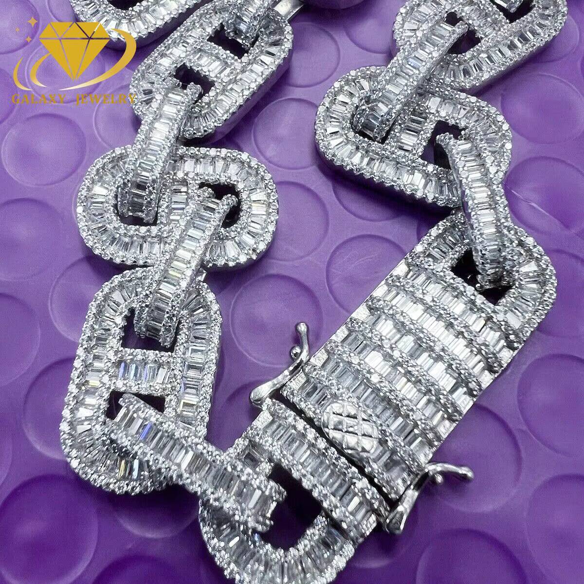 Hip Hop 15mm Large Cuban Necklace 925 Sterling Silver Pig Nose Baguette Moissanite VVS Diamonds Thick Heavy Cuban Necklace