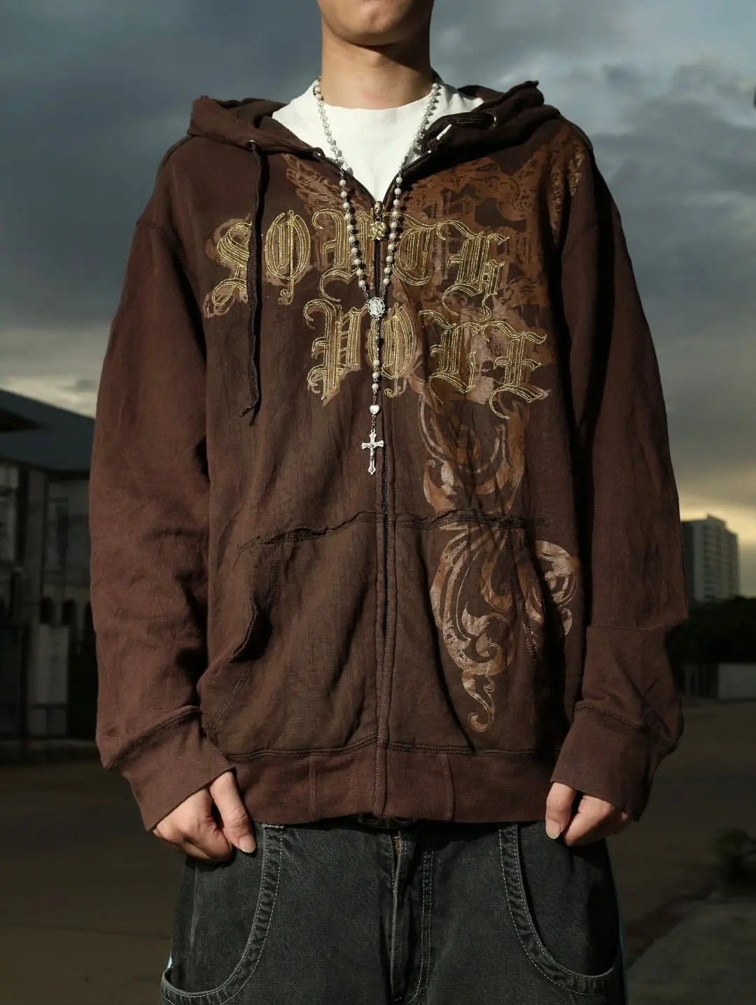 Y2k Zipper Hoodie Letter Pattern Gothic Punk Sportswear Brown Long Sleeve Super Large Jacket 250904