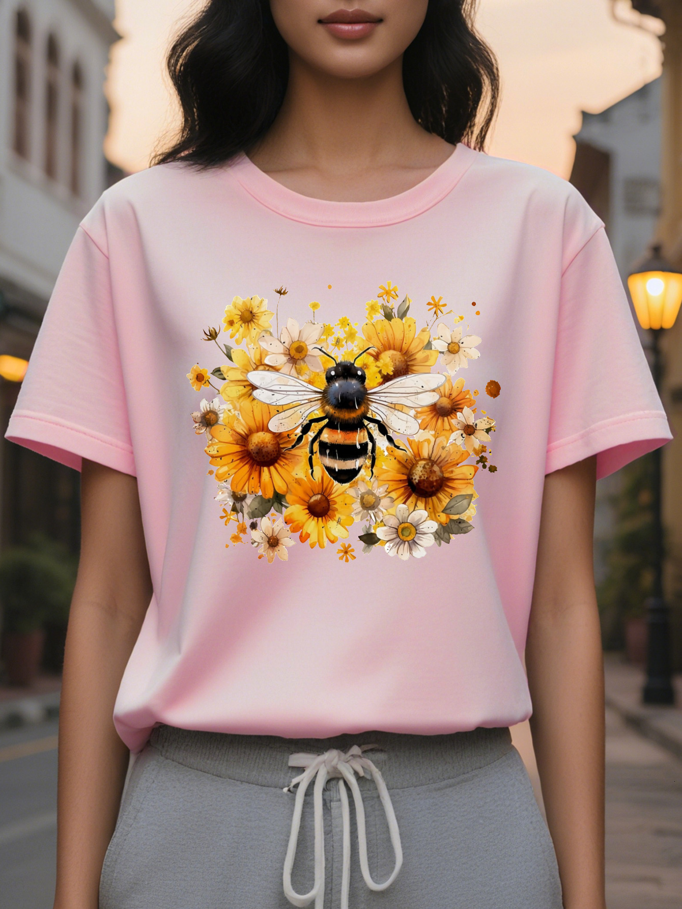 Women s Bee Flower Print Sleeve T Shirt Elegant Round Neck Casual Top Medium Elastic Washable Comfortable Regular Fit