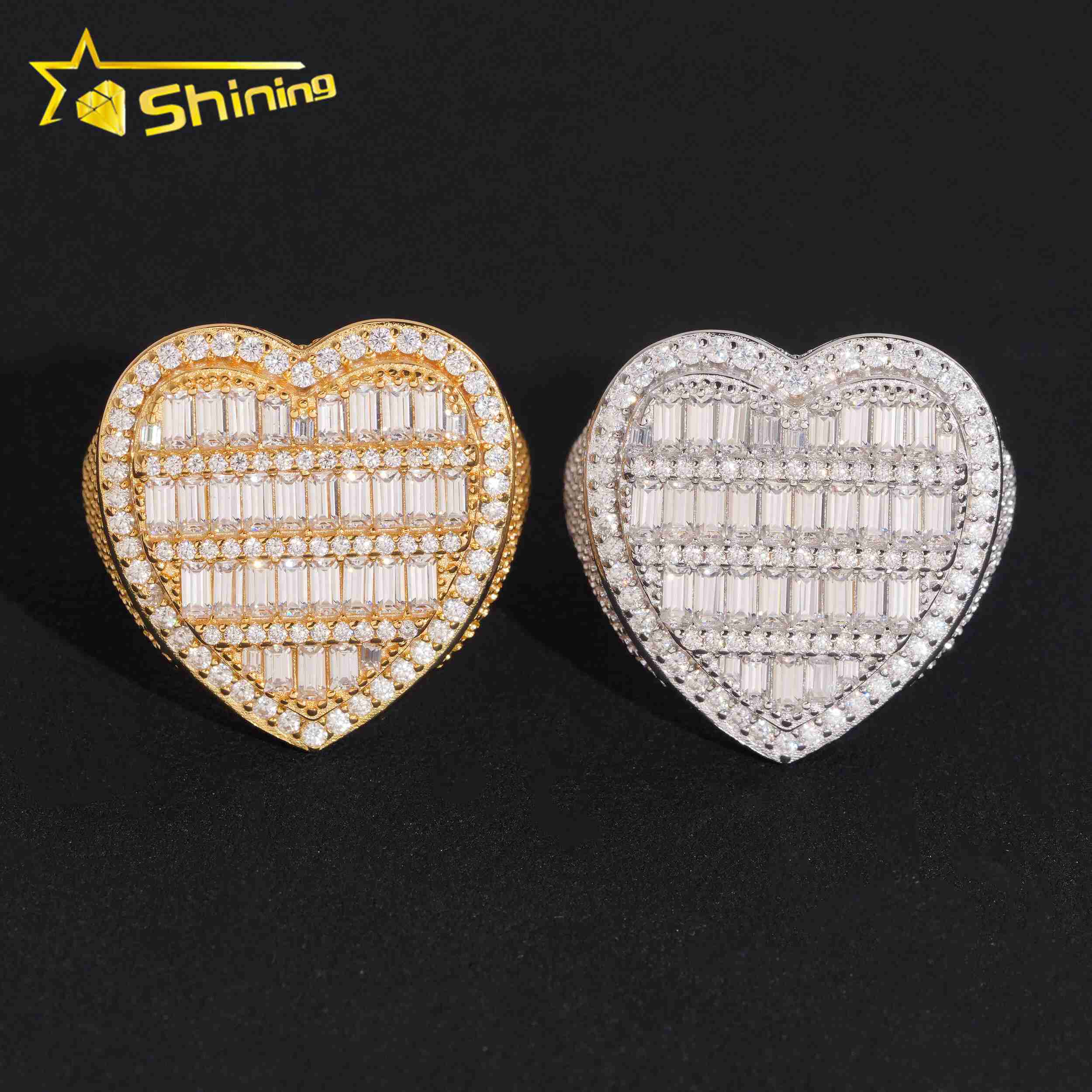 Heart Shape Baguette Moissanite 925 Sterling Silver Gold Plated Hip Hop Iced Out Cross Mens Rings