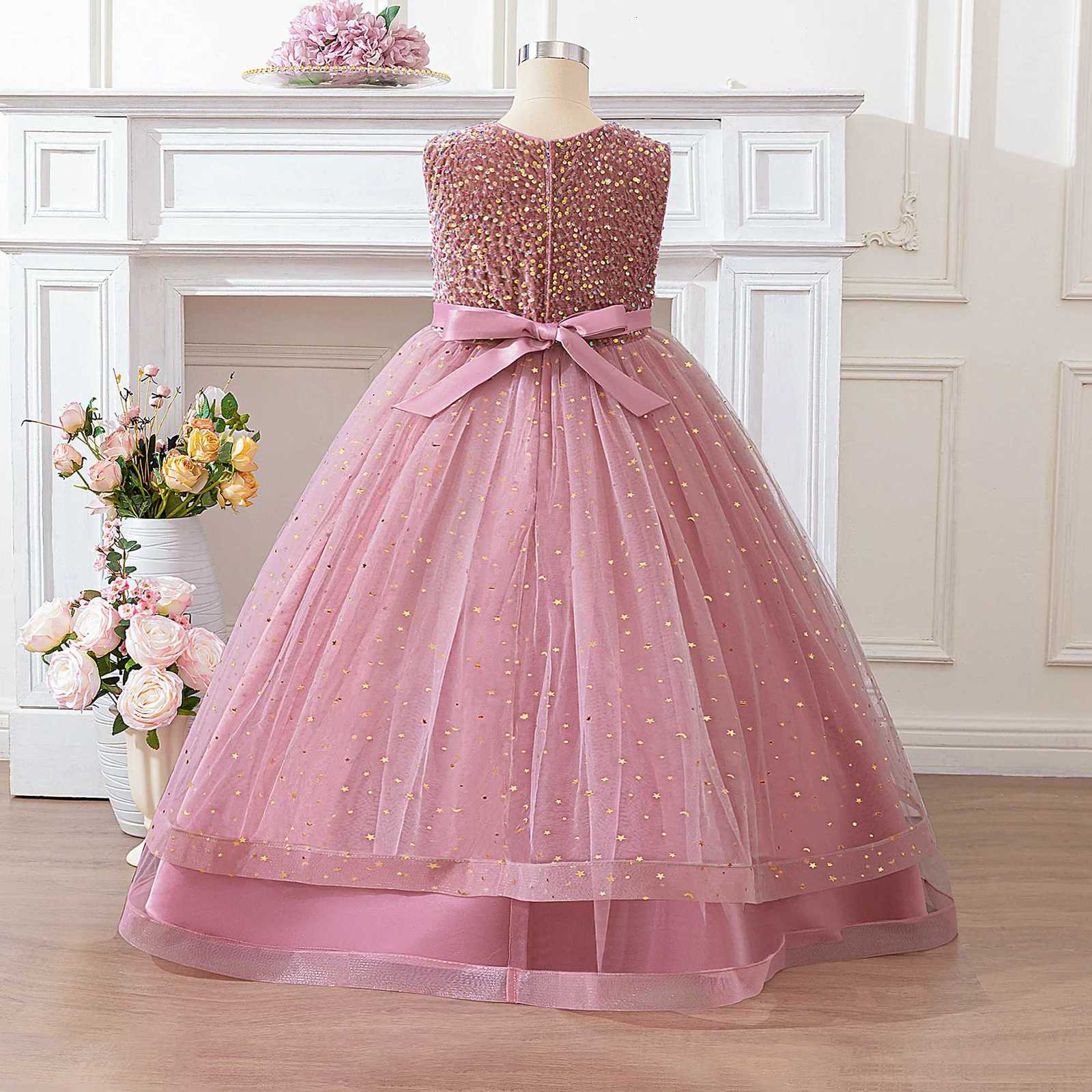Elegant Bow Sequin Bridesmaid Party Girls Dress Fashion Tulle Wedding Baptism Princess Prom Dress for Girl Birthday Evening Gown Z250904