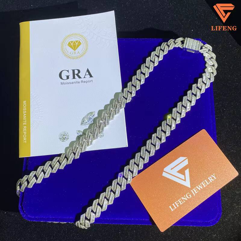 925 Sterling Silver Iced Out 12MM Baguette Miami Hip Hop Cuban Link Chain with Pass Diamond Tester Moissanite Necklaces