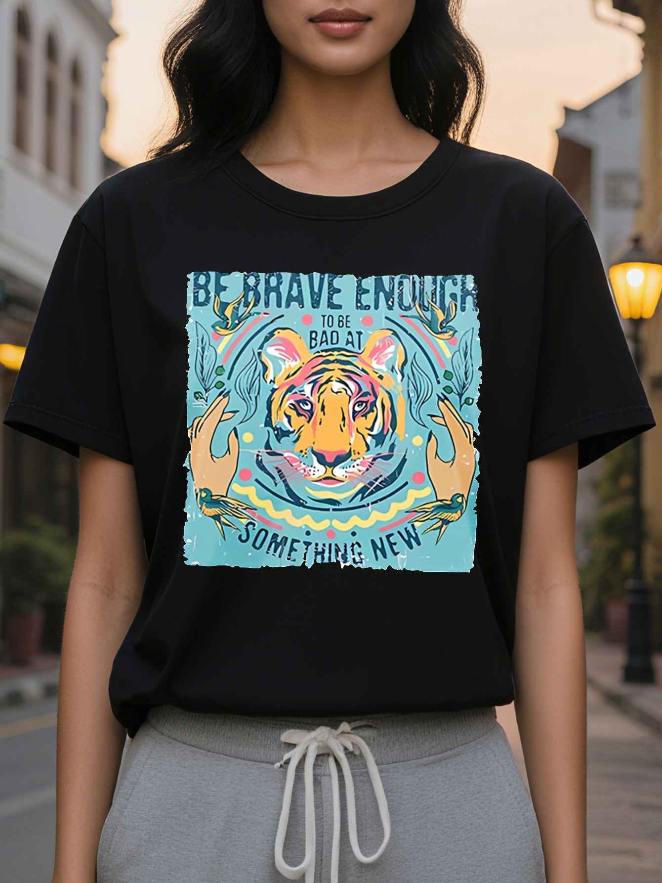 BE BRAVE ENOUGH American Printed Pattern Spring and Summer New Fashion Round Neck T-shirt Slim Fit Slimming Women's