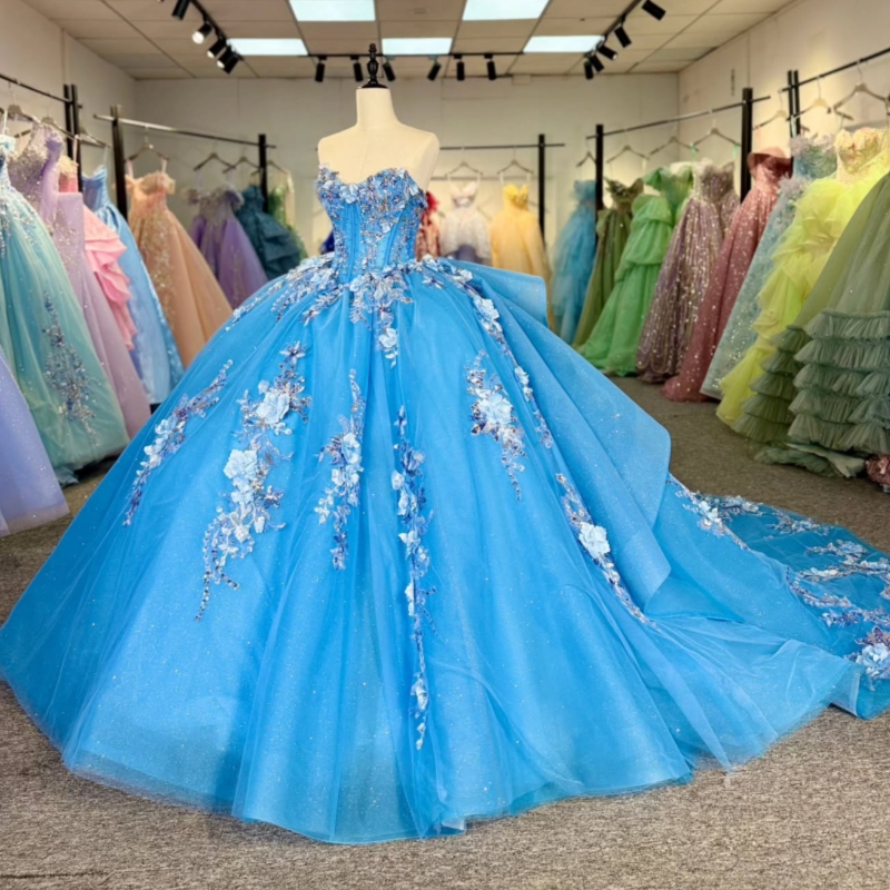 Blue Shiny Princess Off the Shoulder Sweet 16 Dress Quinceanera Dresses Applique Flower Beads Tull Party Birthday Vestidos 15 De Anos