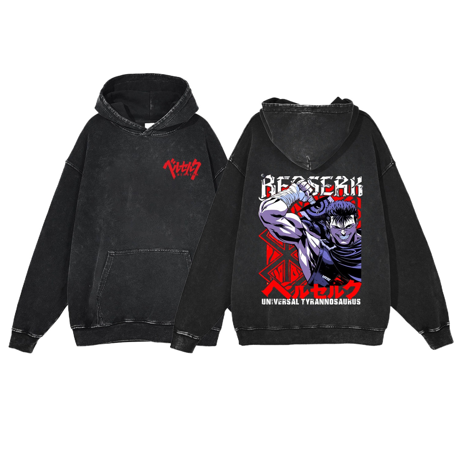 440g Heavyweight Washed Vintage Berserk Anime Street Retro Cotton Hoodie Streetwear Hooded Sweatshirt - TT8304
