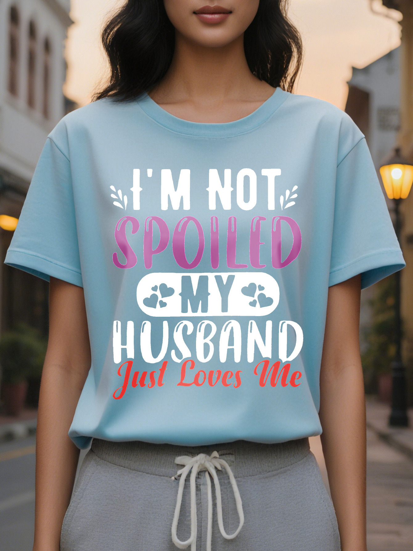 Large XL Women S V Neck T-Shirt I'm Not Spoiled My Husband Just Loves Me Graphic Print Short Sleeve SpringSummer Tee in Heather Plus Size