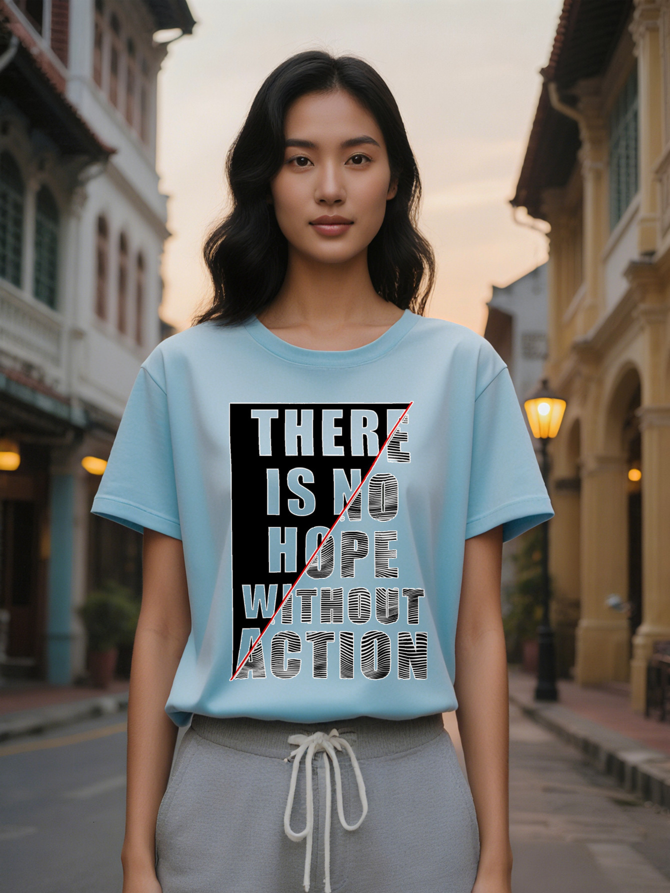 Large XL Casual Graphic T-Shirt with No Hope Without Action Motivational Print Black White Bold Lettering Round Neck Regular Plus Size
