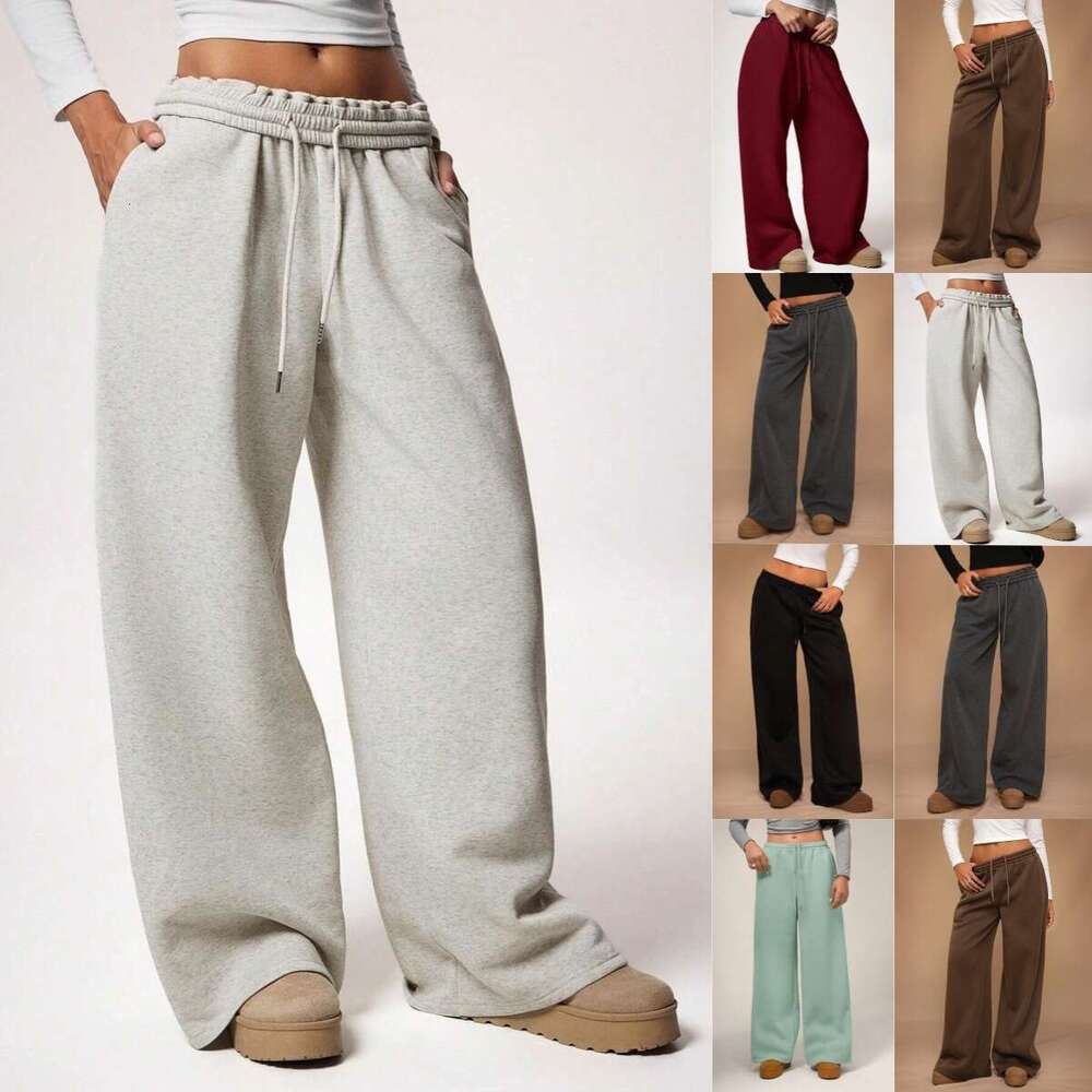 2025 Autumn Winter European and American Women's Fashion Elastic Fleece Loose Wide-Leg Sports Casual Pants