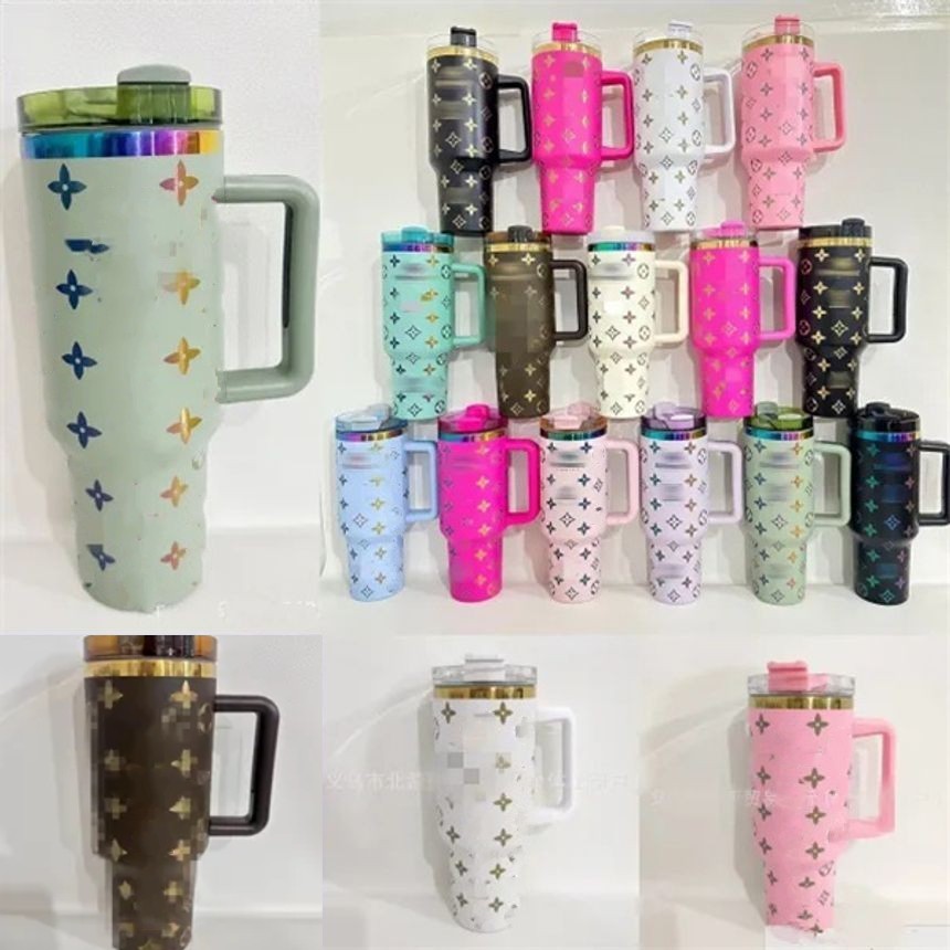 US Stock Designer 40oz 304 Stainless Steel Tumblers Luxury 40 OZ Travel Car Cup With Handle Straw Vacuum Insulated Drinking Mug