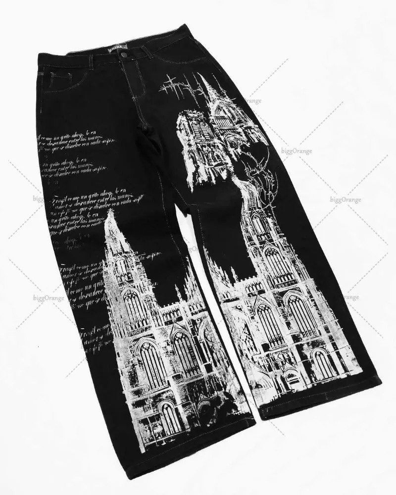 Hiphop Gothic High Street Harajuku Loose Washed Straight Wide Legs Men Rock Dark Y2K American Retro Oversized Jean 250823