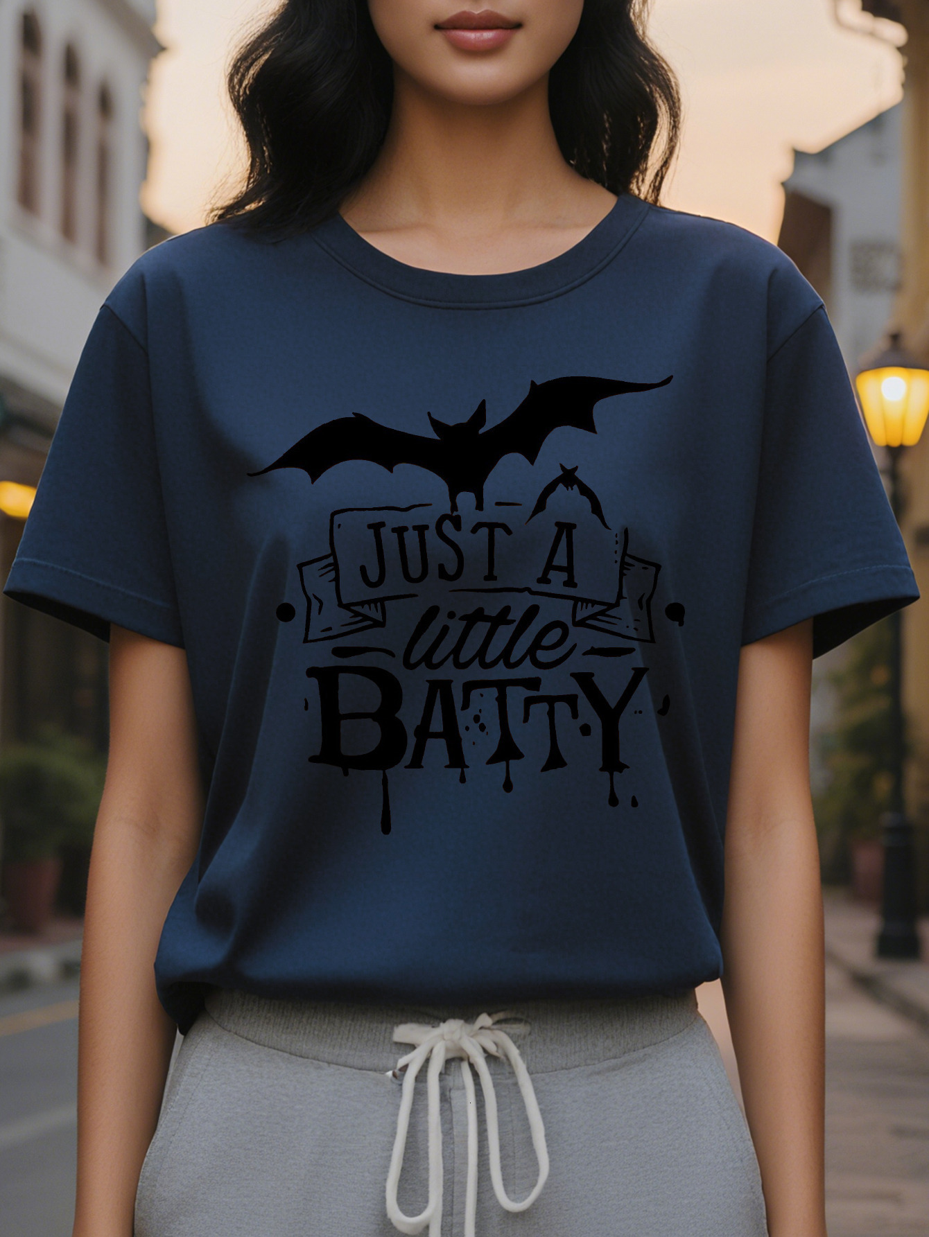 Women s Dark Gray Gothic Bat Graphic Tee JUST A LITTLE BATTY Vampire Saying Soft Everyday Halloween Party Shirt