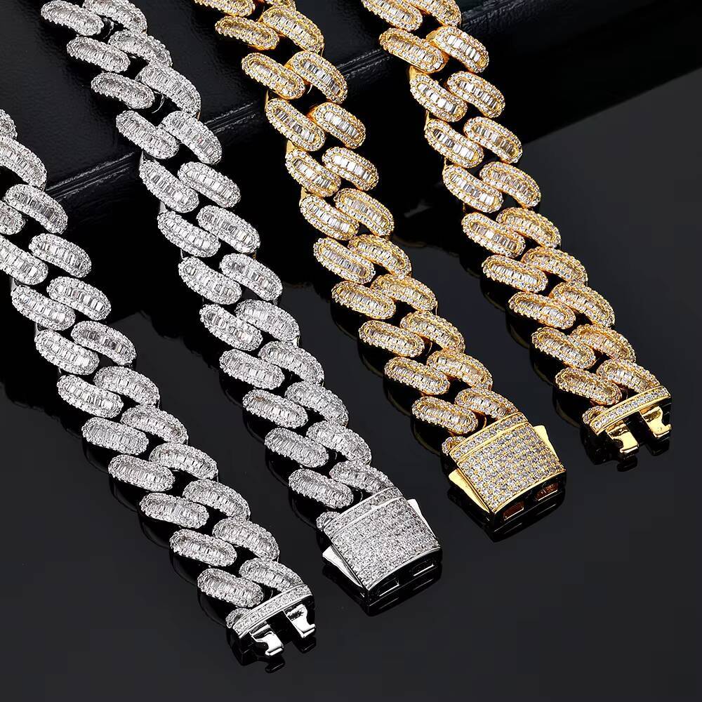 NUOYA Iced Out Moissanite Diamonds Cuban Chain Bracelet 15MM Width Bling Baguette Design Spring Clasp Cuban Link Chain for Women