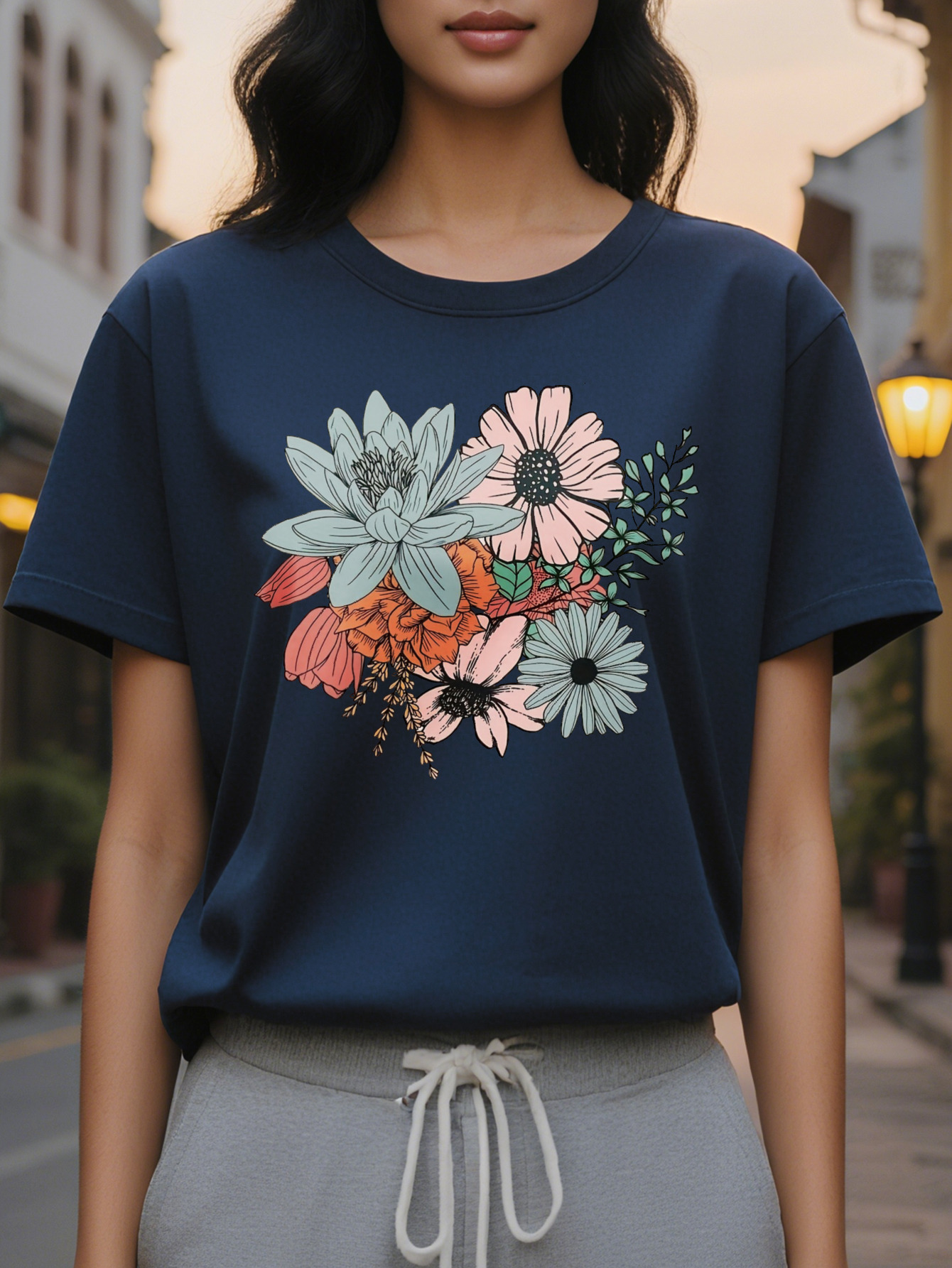 Large XL Women's T-Shirt Beige Blush Pink Floral Print Soft Casual Top Washable Round Neck Shirt for Women All Seasons Plus Size