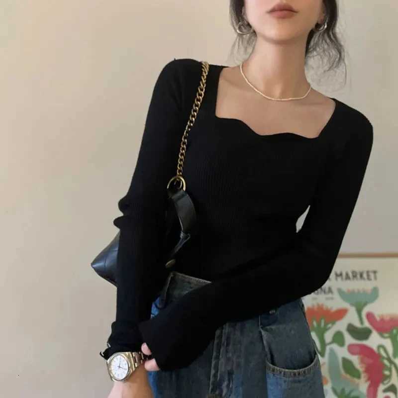 Knitted Pullovers Women Vintage Solid Sweaters Autumn Winter Korean Elegant Slim Knitwear Square Collar All Match Jumpers New M250904