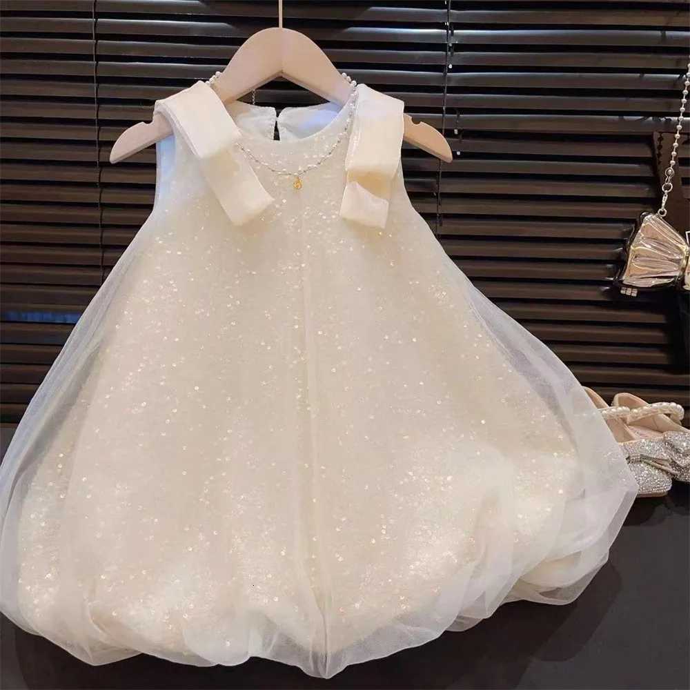 Girls Casual Dresses New Children Clothing Summer New Princess Flower Bud Sequin Mesh Yarn 2024 Sequin Sweet Round Collar Z250904