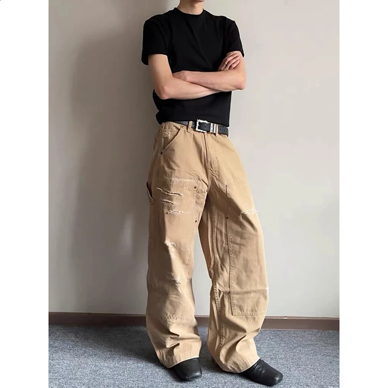 Khaki Mens Vintage Y2K 2000s Wide Leg Baggy Casual Denim Trouser High Waist Loose Jeans 2025 Autumn American Cargo Pants 250904