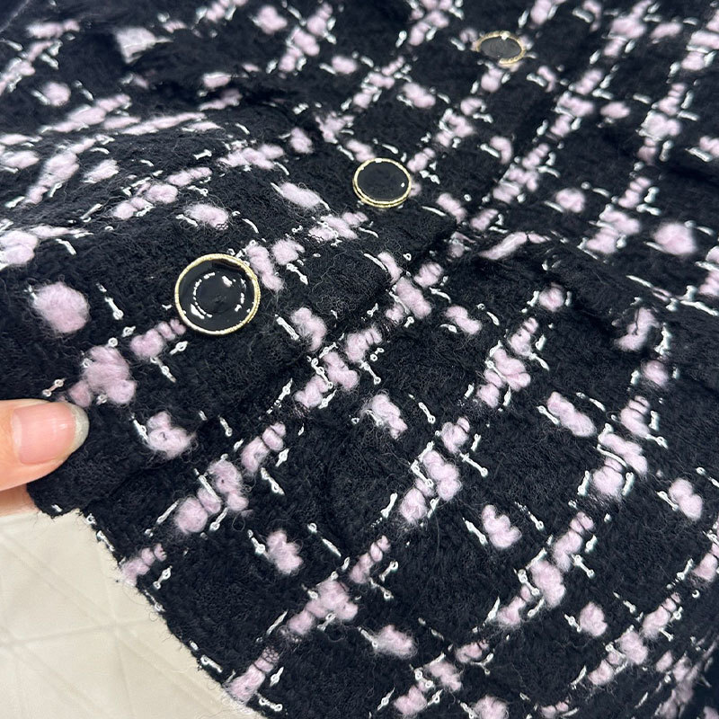 Luxury Retro Ladies Black Tweed Check Stripe Coat, Round Neck Button Down Oversized Wool Blend Jacket Fringe Detail Elegant Clothing S0910