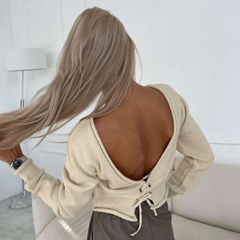 Women's Clothing Autumn And Winter New Sexy Hot Girl Backless Navel Pullover Strappy Woolen Top